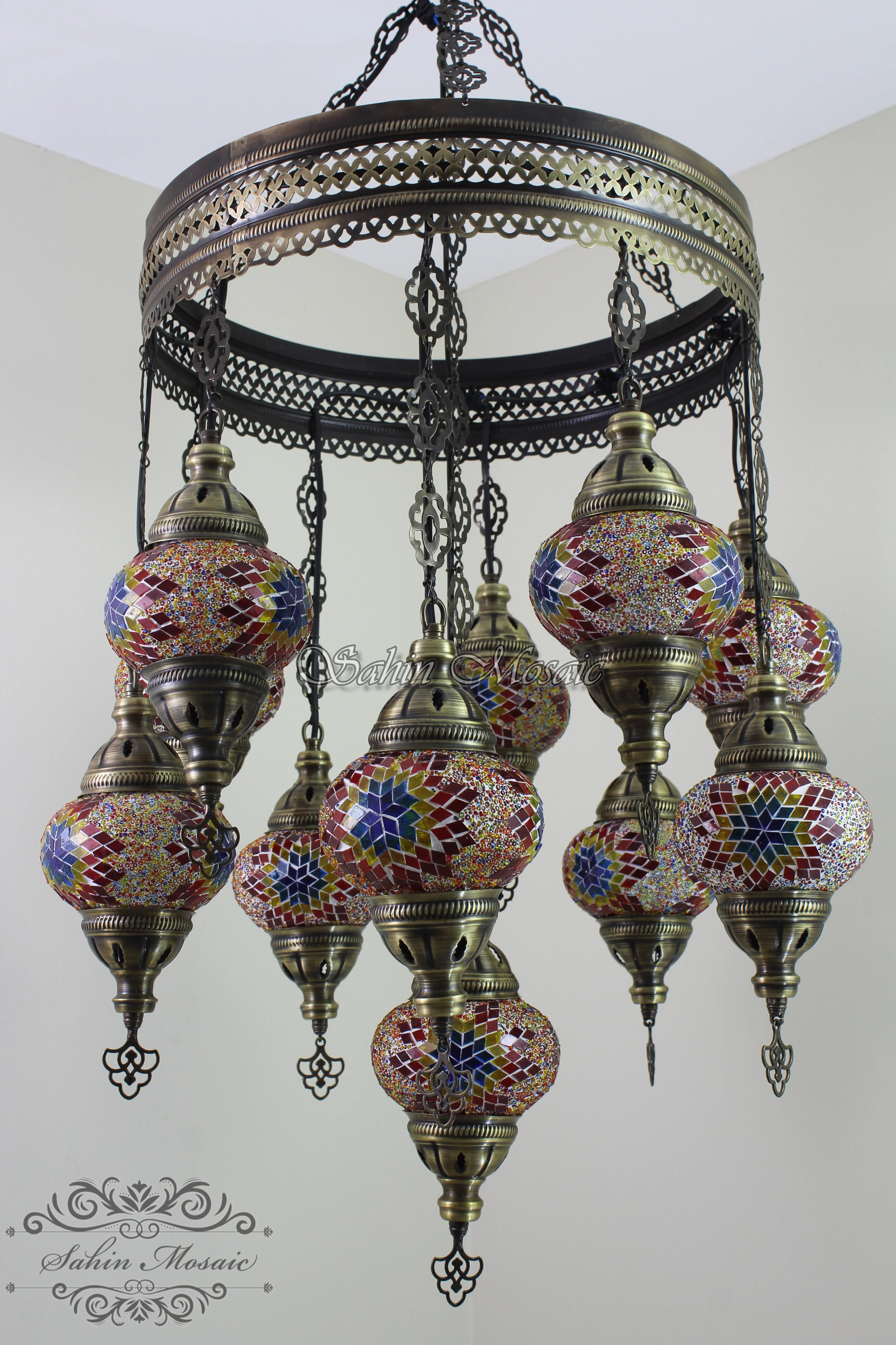 11-BALL TURKISH SULTAN MOSAIC CHANDELIER with Medium Globes ID:S11M-01 - Image 3