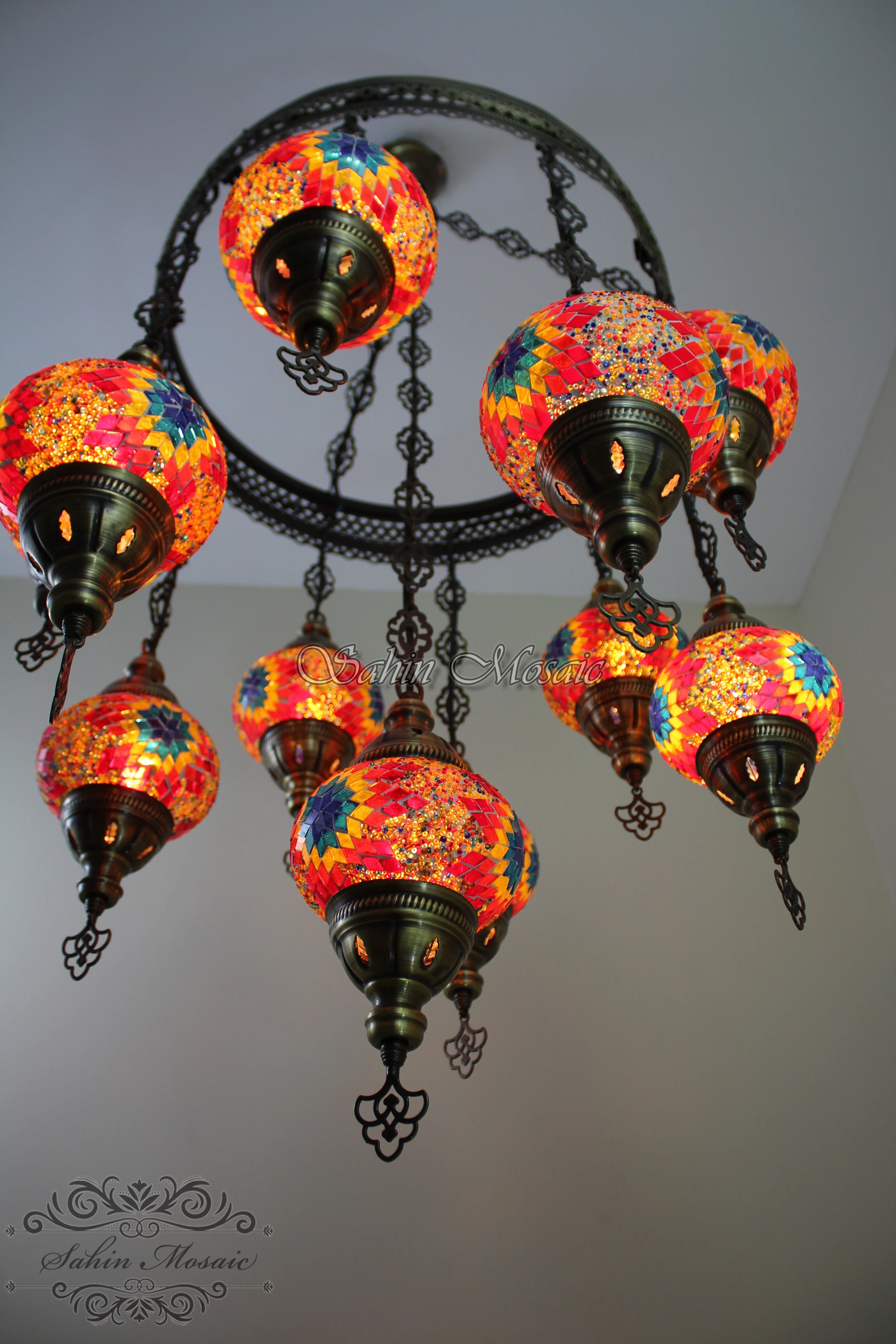 11-BALL TURKISH SULTAN MOSAIC CHANDELIER with Medium Globes ID:S11M-01 - Image 8