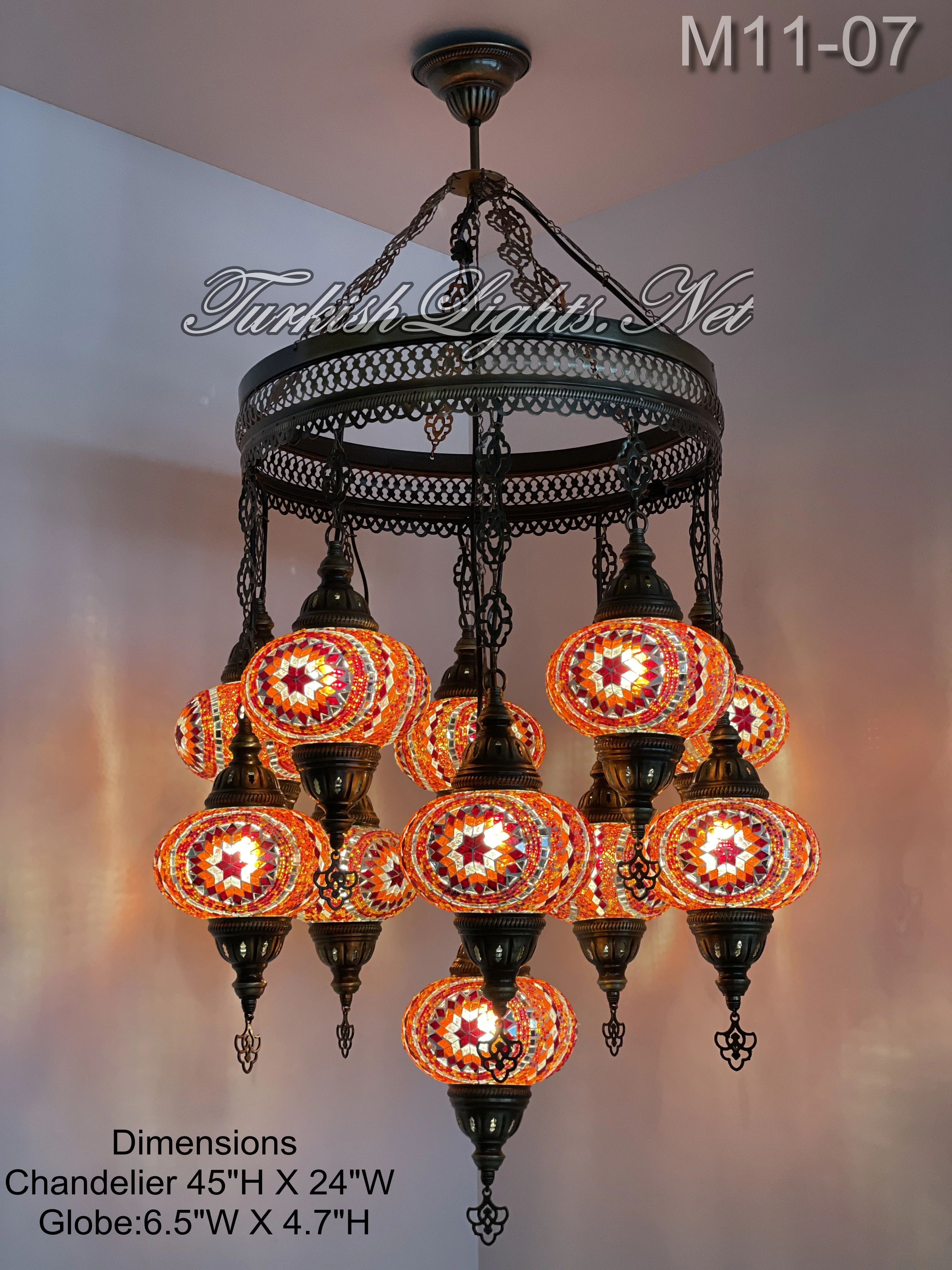 11-BALL TURKISH SULTAN MOSAIC CHANDELIER, LARGE GLOBES ID: 11SL-07 ORANGE