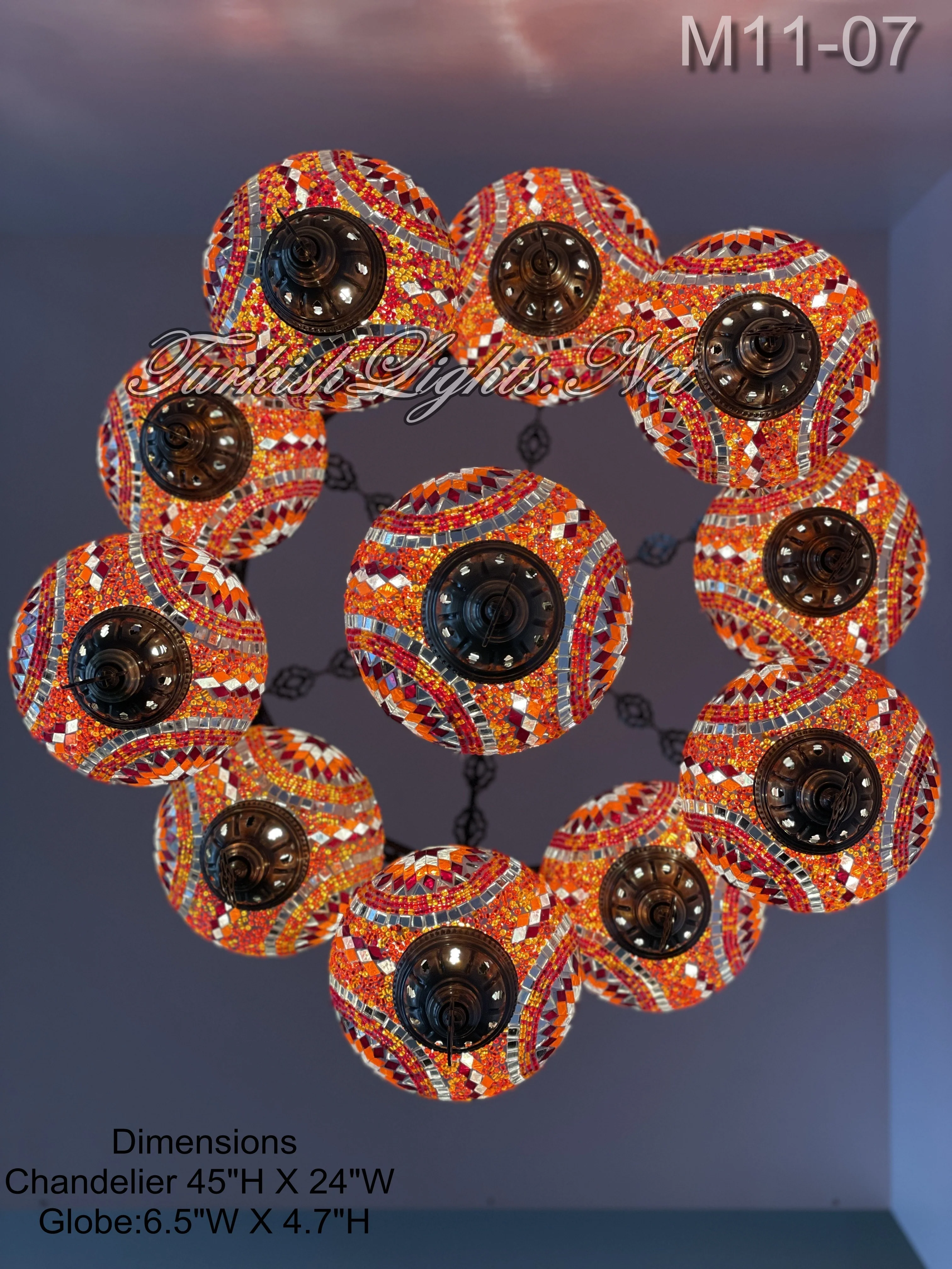 11-BALL TURKISH SULTAN MOSAIC CHANDELIER, LARGE GLOBES ID: 11SL-07 ORANGE - Image 4