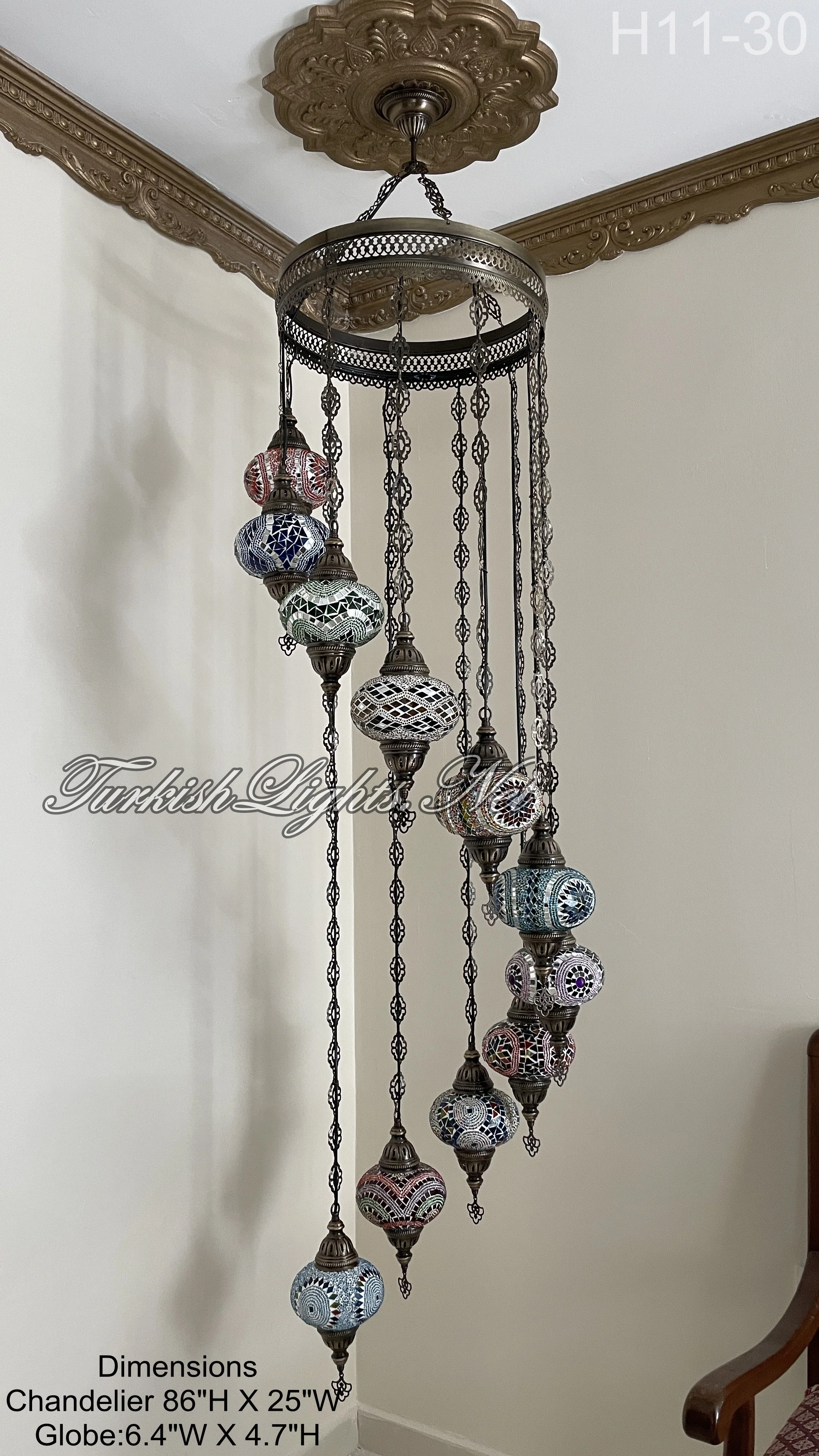 11 (L) BALL TURKISH WATER DROP MOSAIC CHANDELIER WİTH LARGE GLOBES H11-30 - Image 3