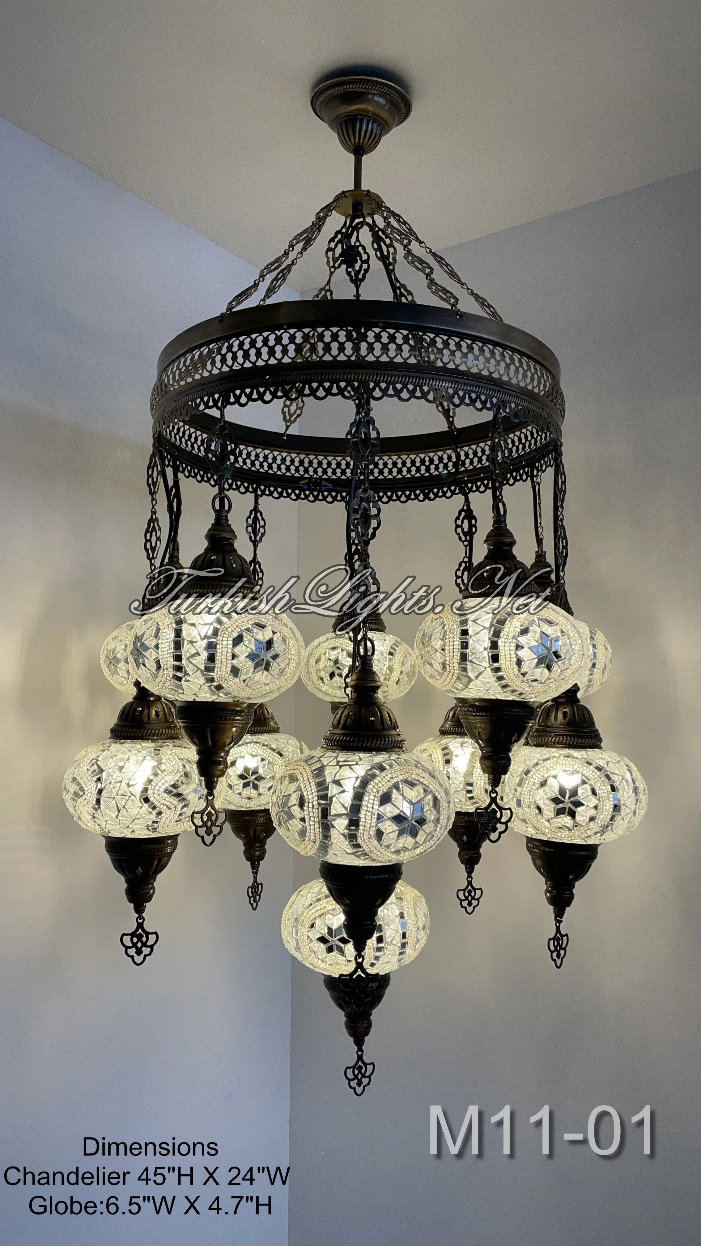 11 Ball Turkish Sultan Mosaic Chandelier with Large Globes, ID: 11SL-01, Whit - Image 2