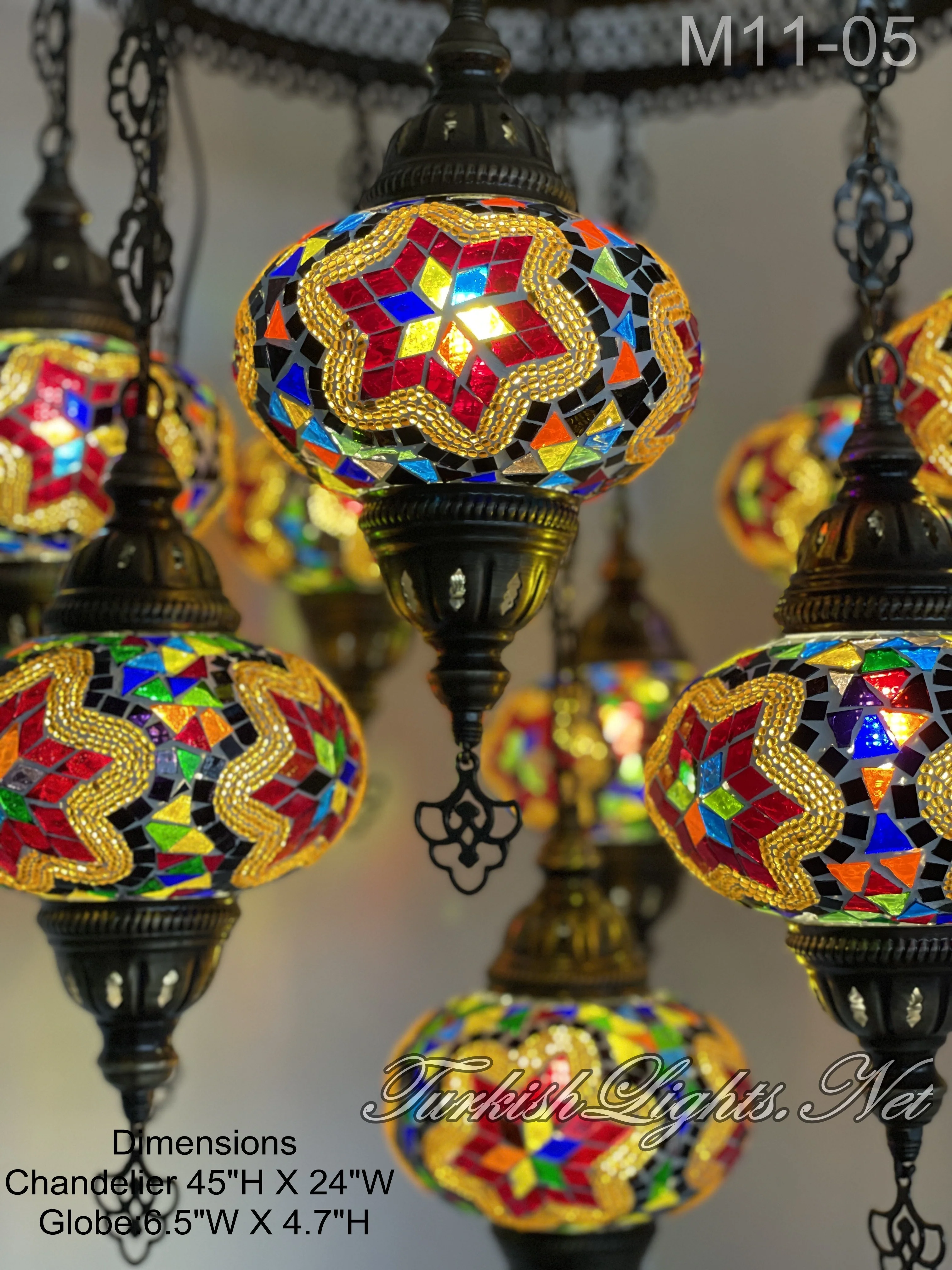 11 Ball Turkish Sultan Mosaic Chandelier with Large Globes, ID: 11SL-05 Multi - Image 3