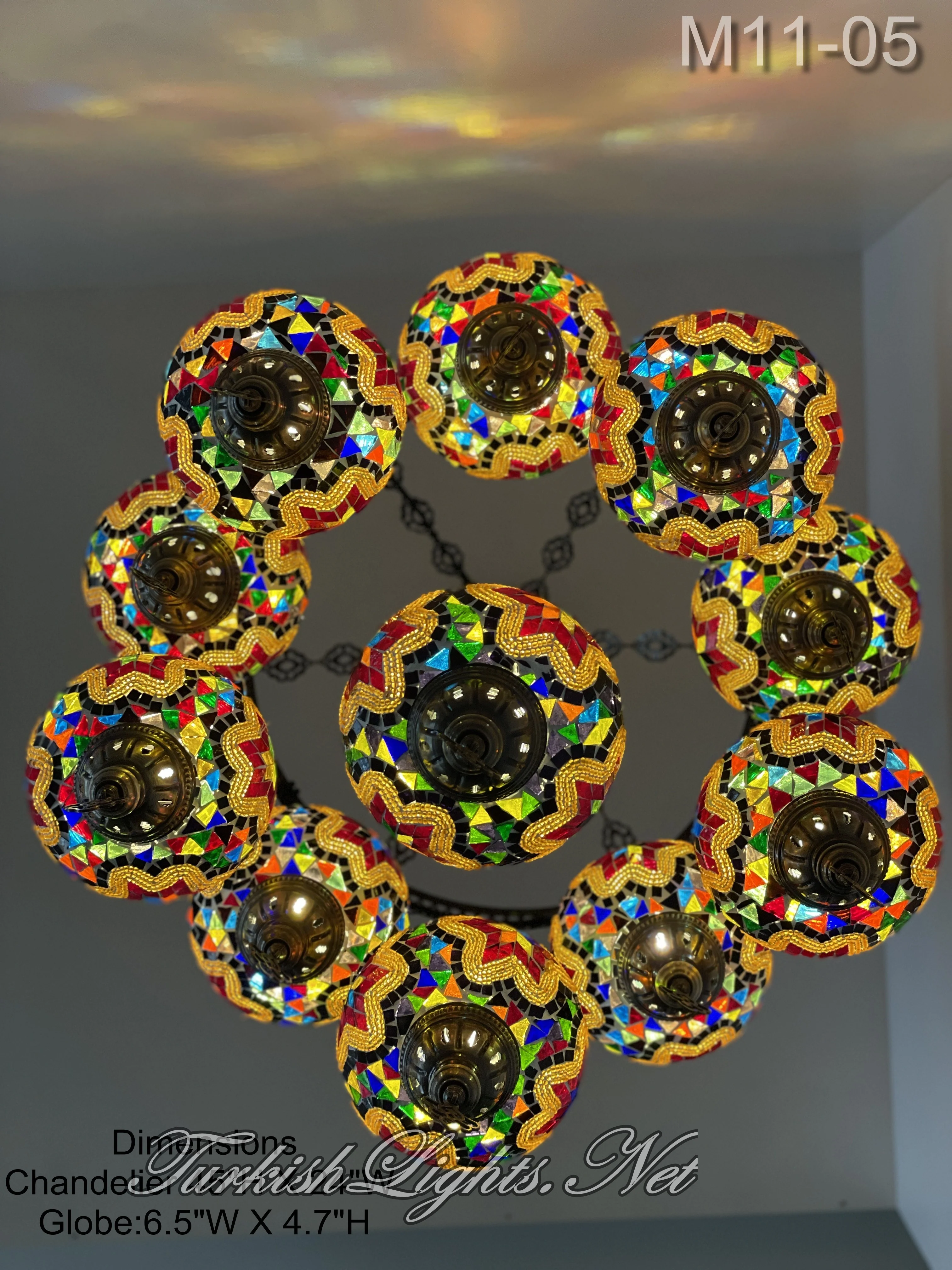 11 Ball Turkish Sultan Mosaic Chandelier with Large Globes, ID: 11SL-05 Multi - Image 4