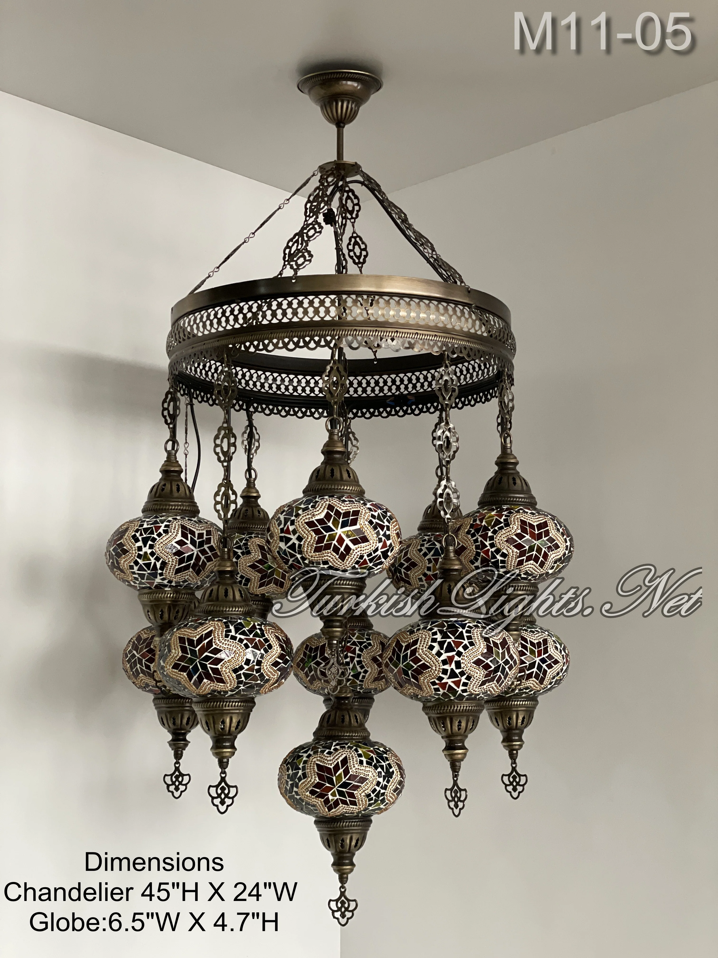 11 Ball Turkish Sultan Mosaic Chandelier with Large Globes, ID: 11SL-05 Multi - Image 5