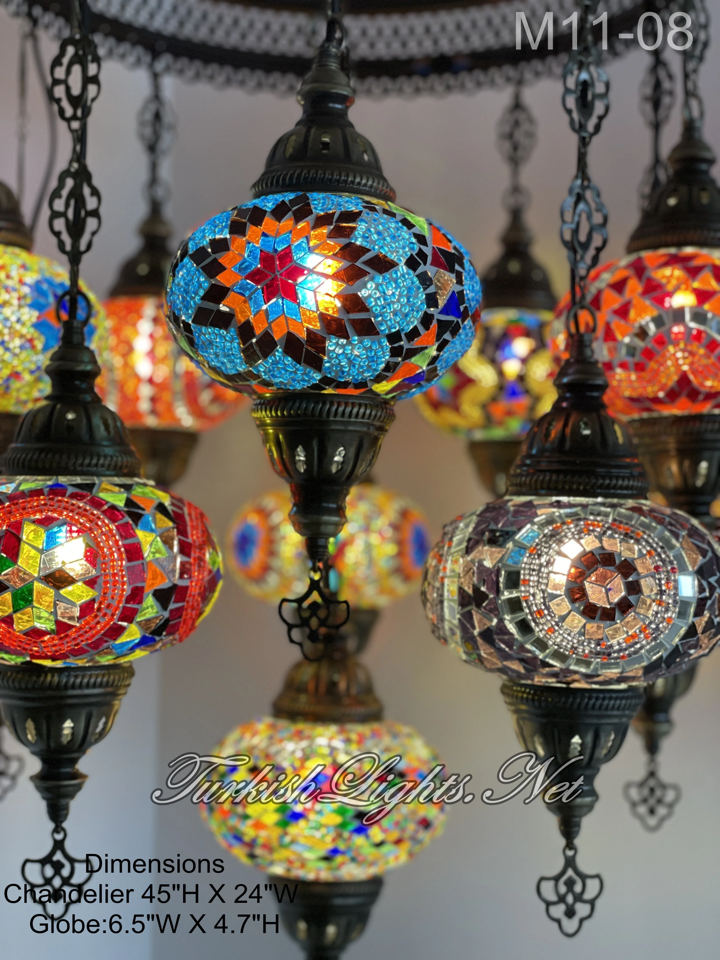 11 Ball Turkish Sultan Mosaic Chandelier with Large Globes, ID: 11SL-08 - Image 3