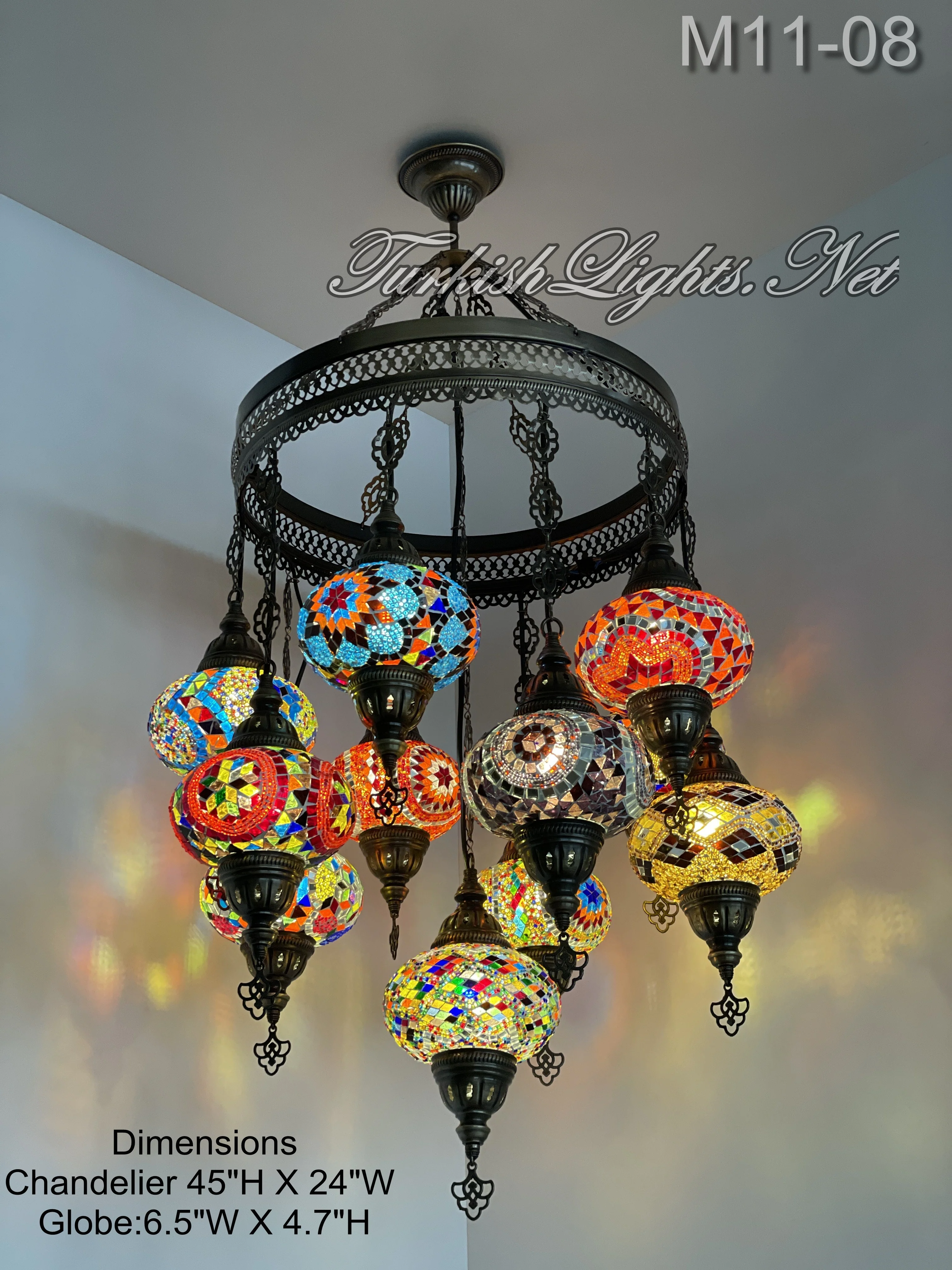 11 Ball Turkish Sultan Mosaic Chandelier with Large Globes, ID: 11SL