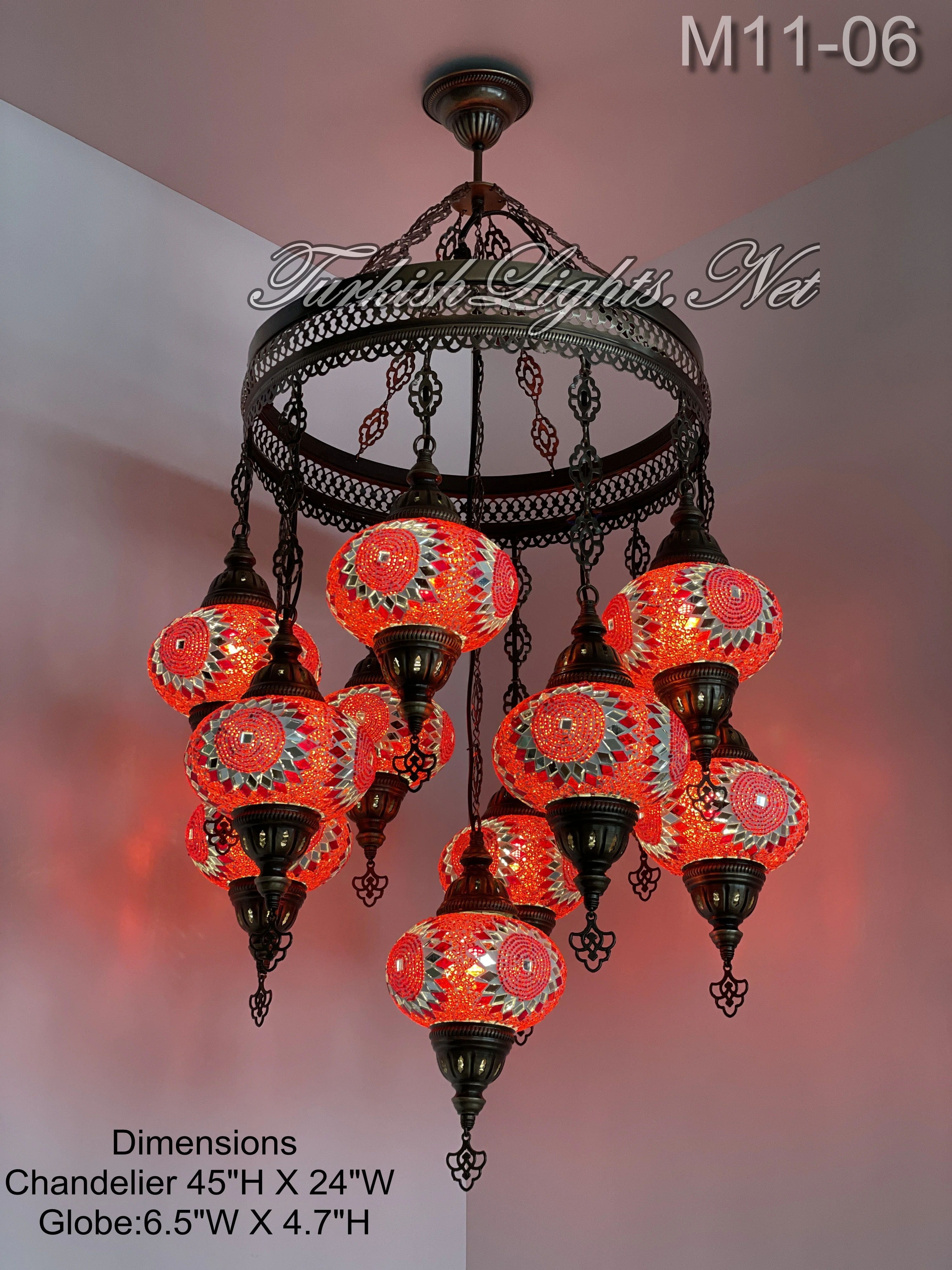 11 Ball Turkish Sultan Mosaic Chandelier with Large Globes, ID: 11SL - Image 7