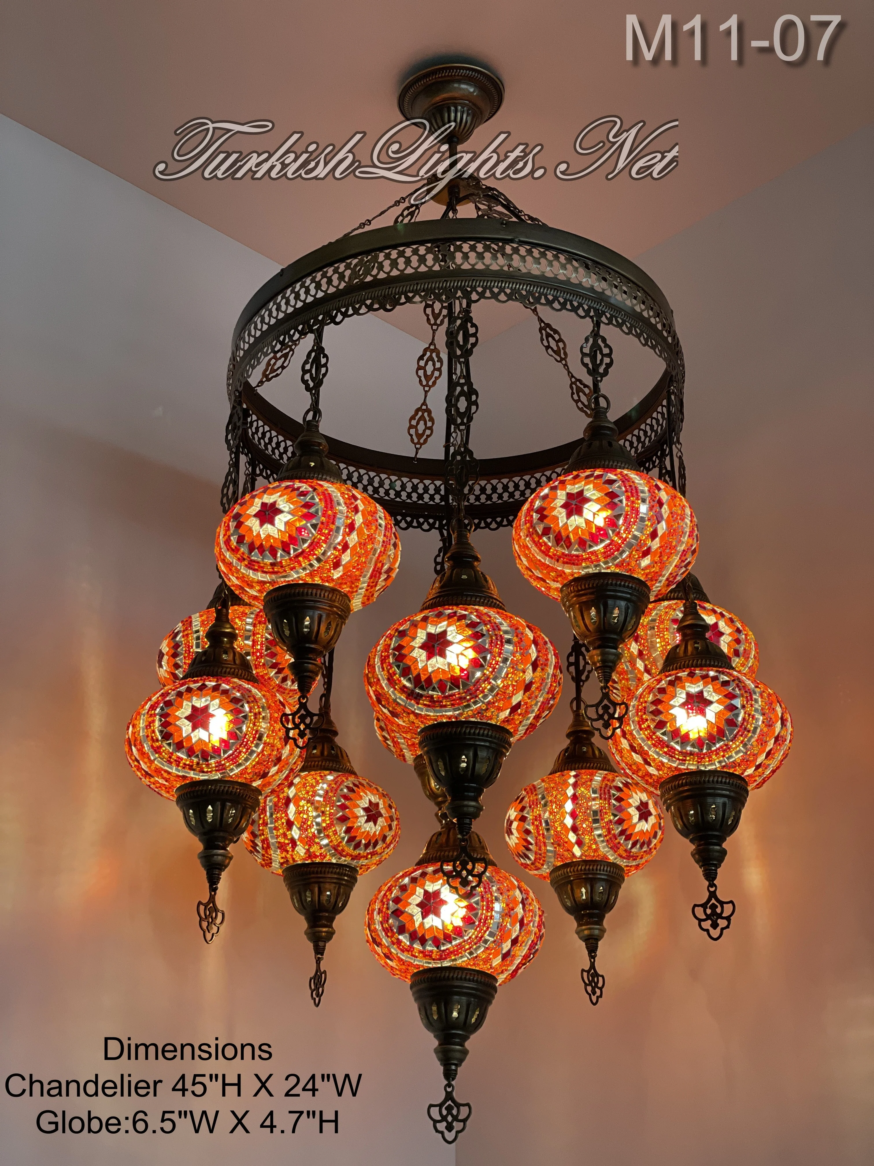 11 Ball Turkish Sultan Mosaic Chandelier with Large Globes, ID: 11SL - Image 8
