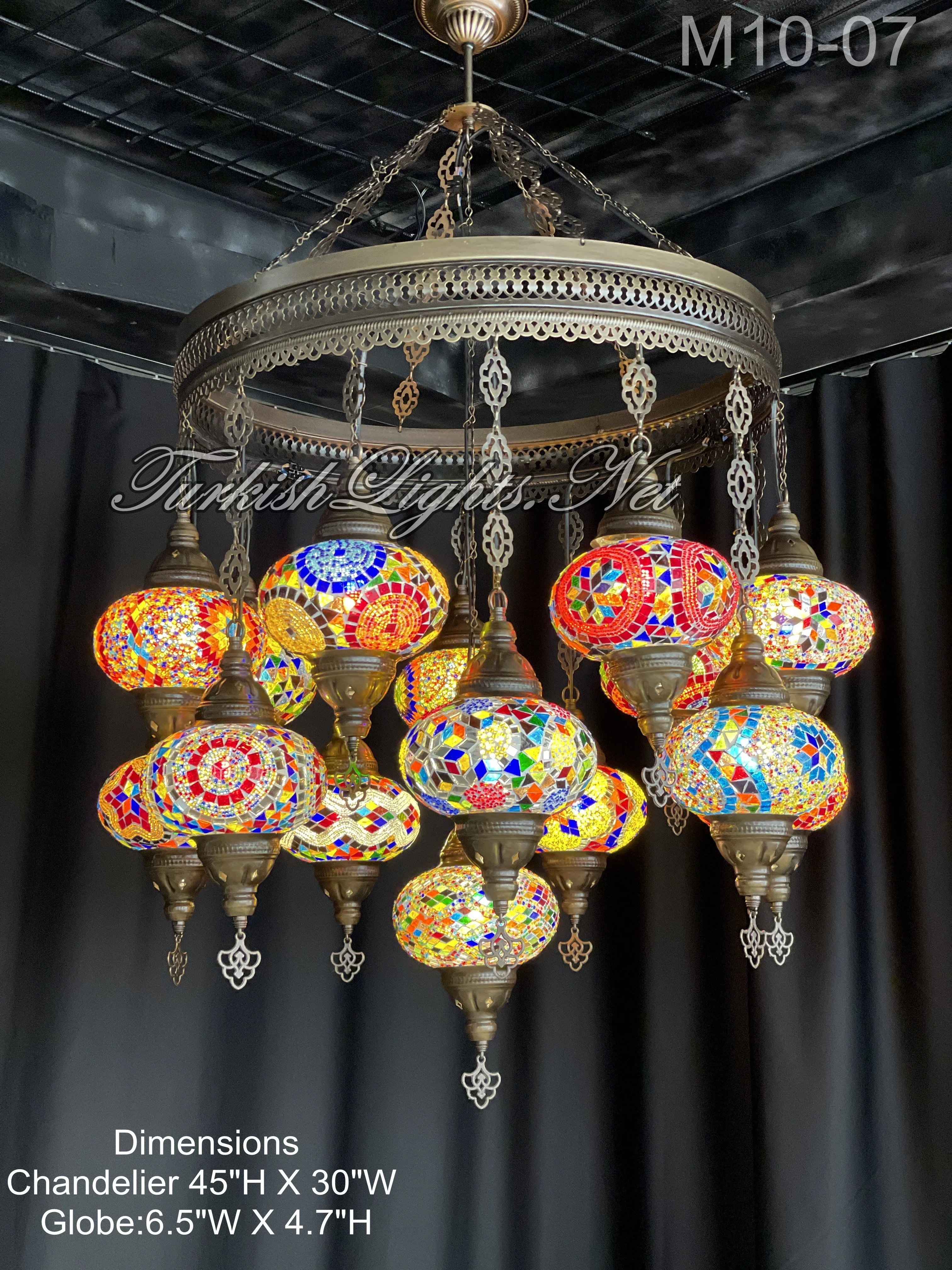 15 Ball Turkish Sultan Mosaic Chandelier - Handmade Design with Large Globes, ID: S15L - Image 6