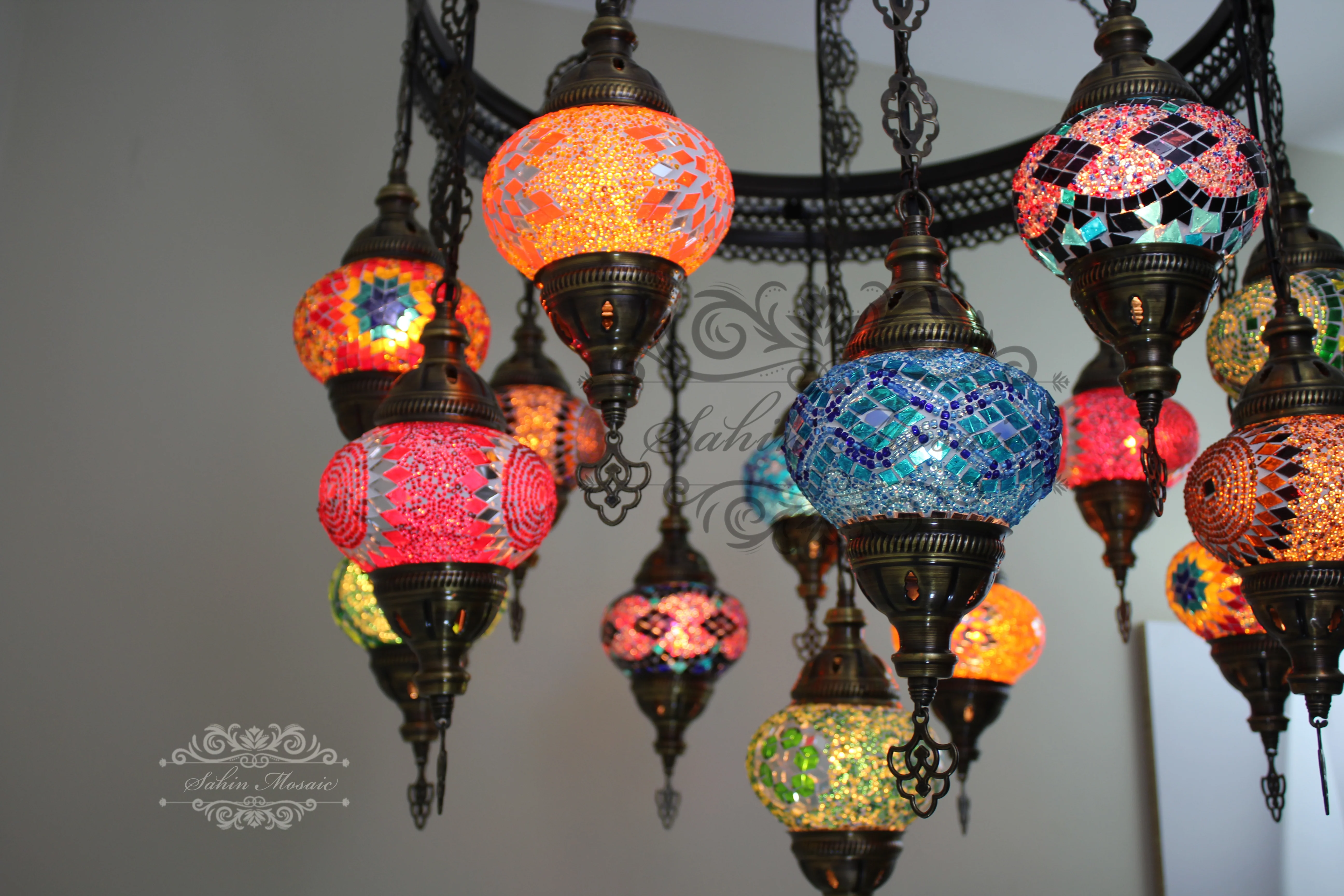 15 Ball Turkish Sultan Mosaic Chandelier - Handmade Design with Medium Globes, ID: S15M-19 - Image 10