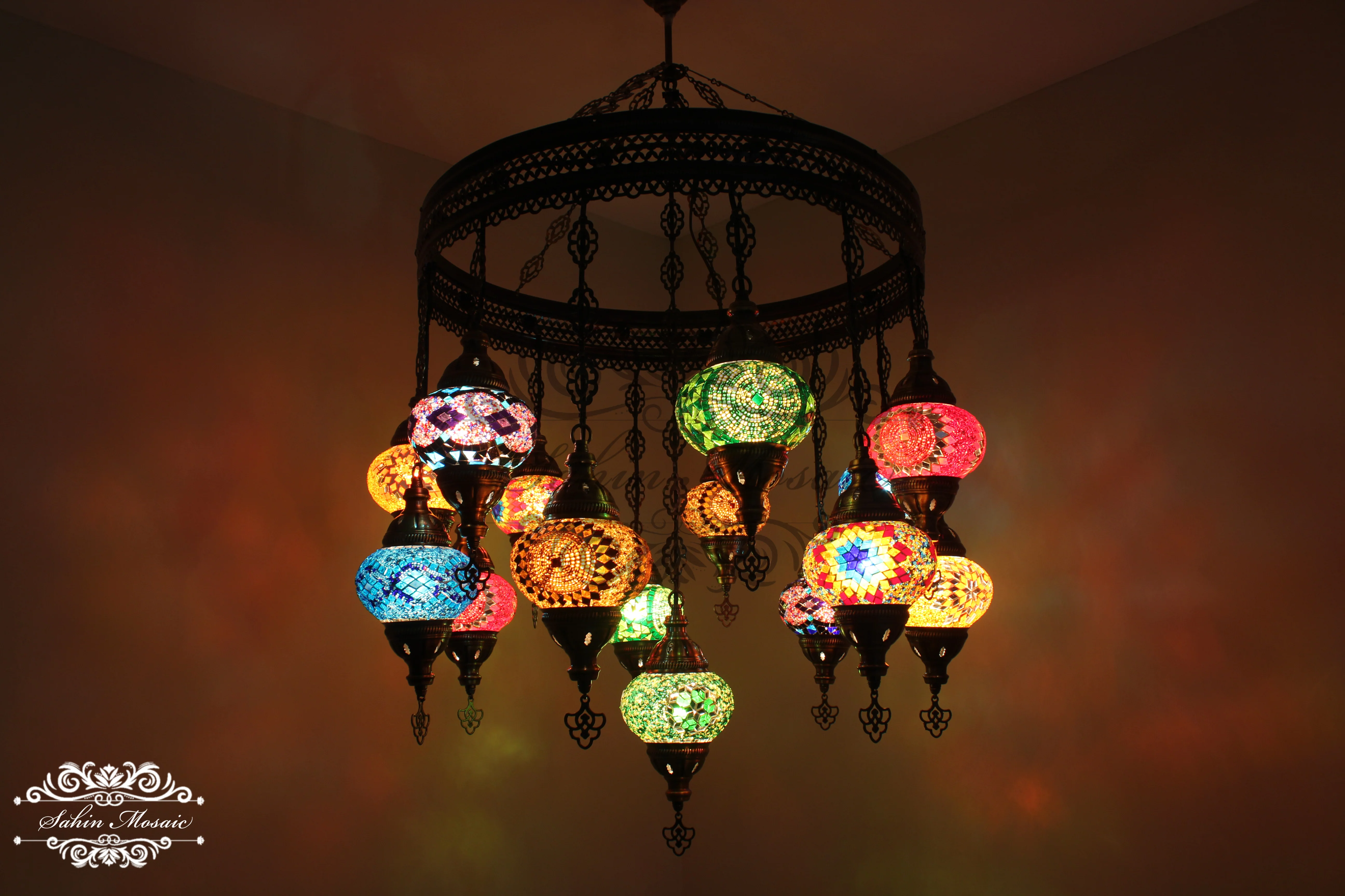 15 Ball Turkish Sultan Mosaic Chandelier - Handmade Design with Medium Globes, ID: S15M-19 - Image 3