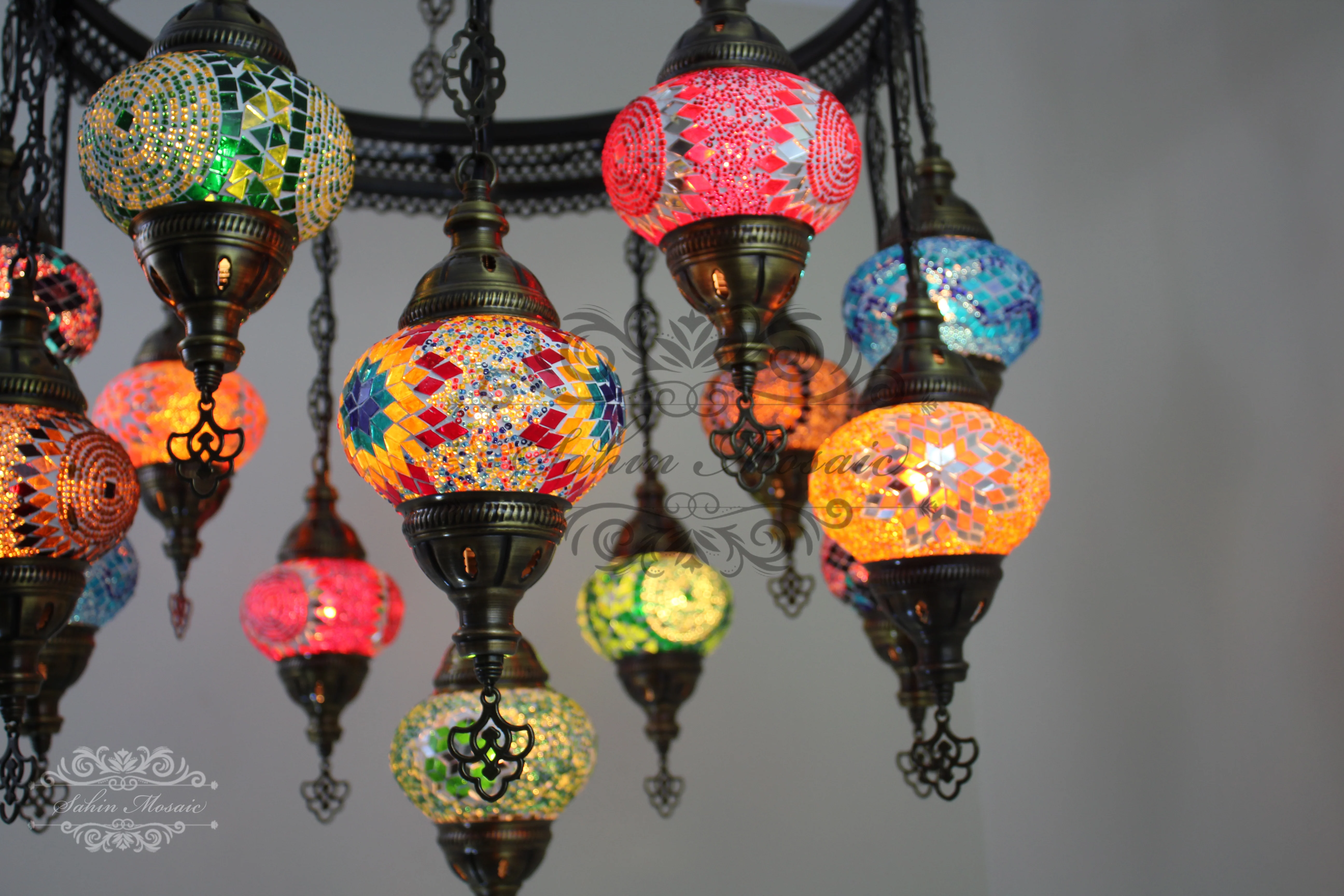 15 Ball Turkish Sultan Mosaic Chandelier - Handmade Design with Medium Globes, ID: S15M-19 - Image 8