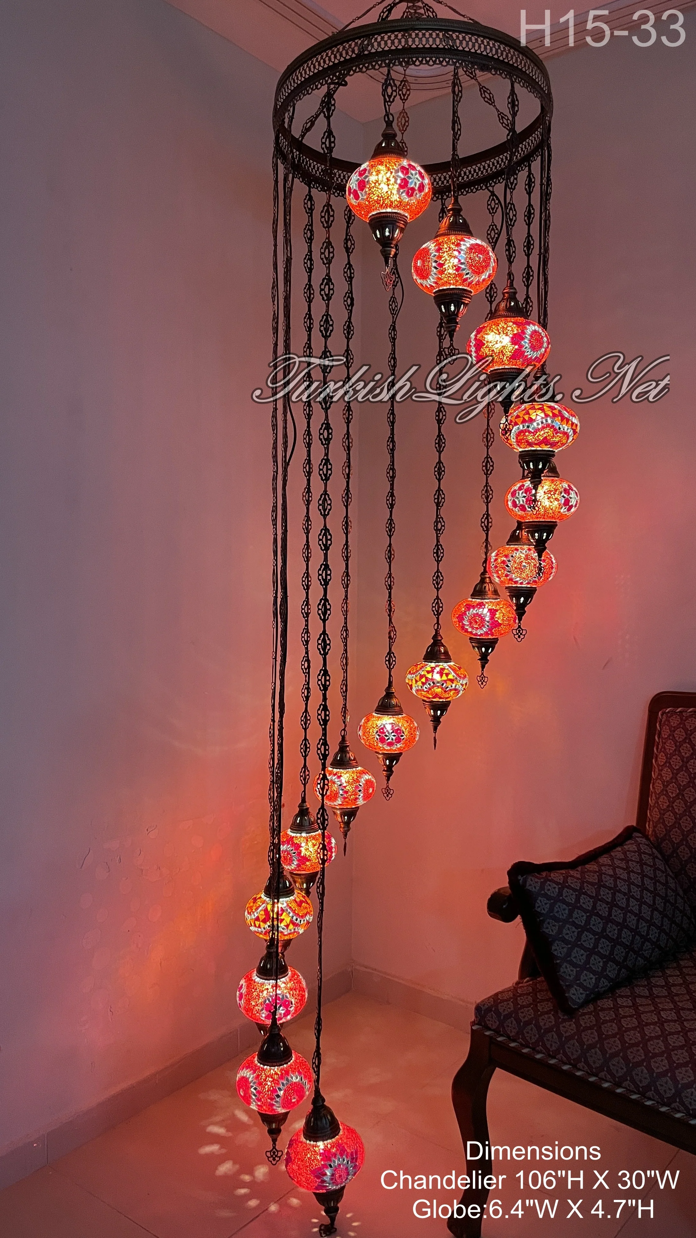 15-BALL TURKISH WATER DROP MOSAIC CHANDELIER MEDIUM GLOBES 8 TO CHOOSE H15L-MAIN - Image 4