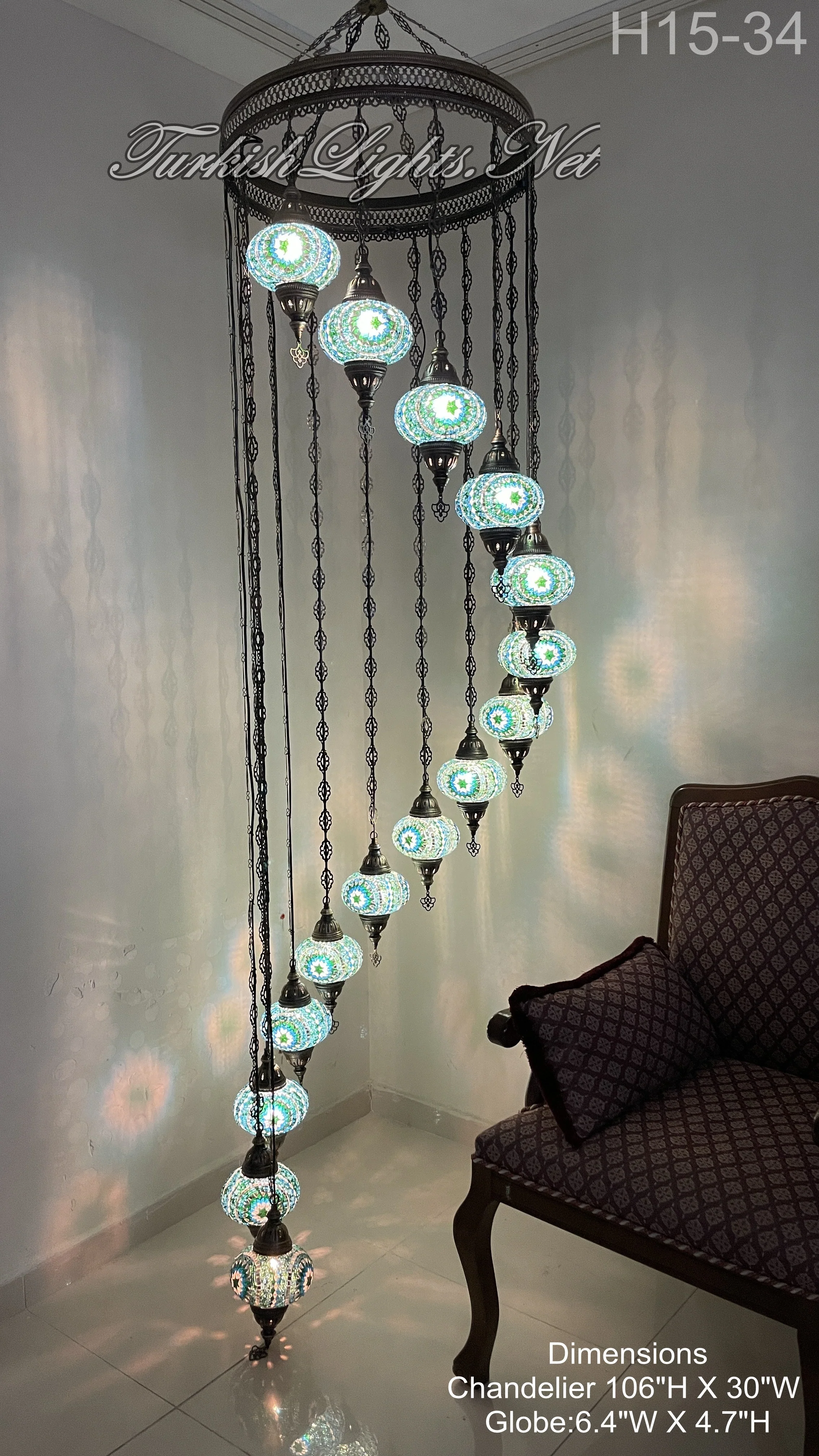 15-BALL TURKISH WATER DROP MOSAIC CHANDELIER MEDIUM GLOBES 8 TO CHOOSE H15L-MAIN - Image 5