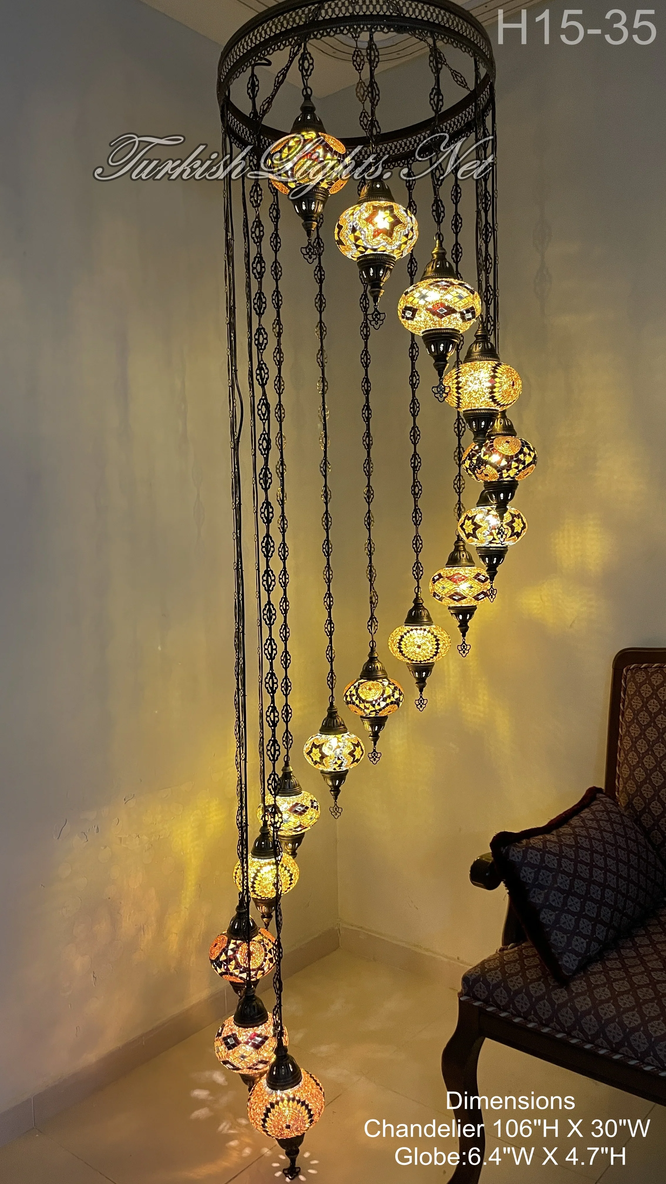 15-BALL TURKISH WATER DROP MOSAIC CHANDELIER MEDIUM GLOBES 8 TO CHOOSE H15L-MAIN - Image 6
