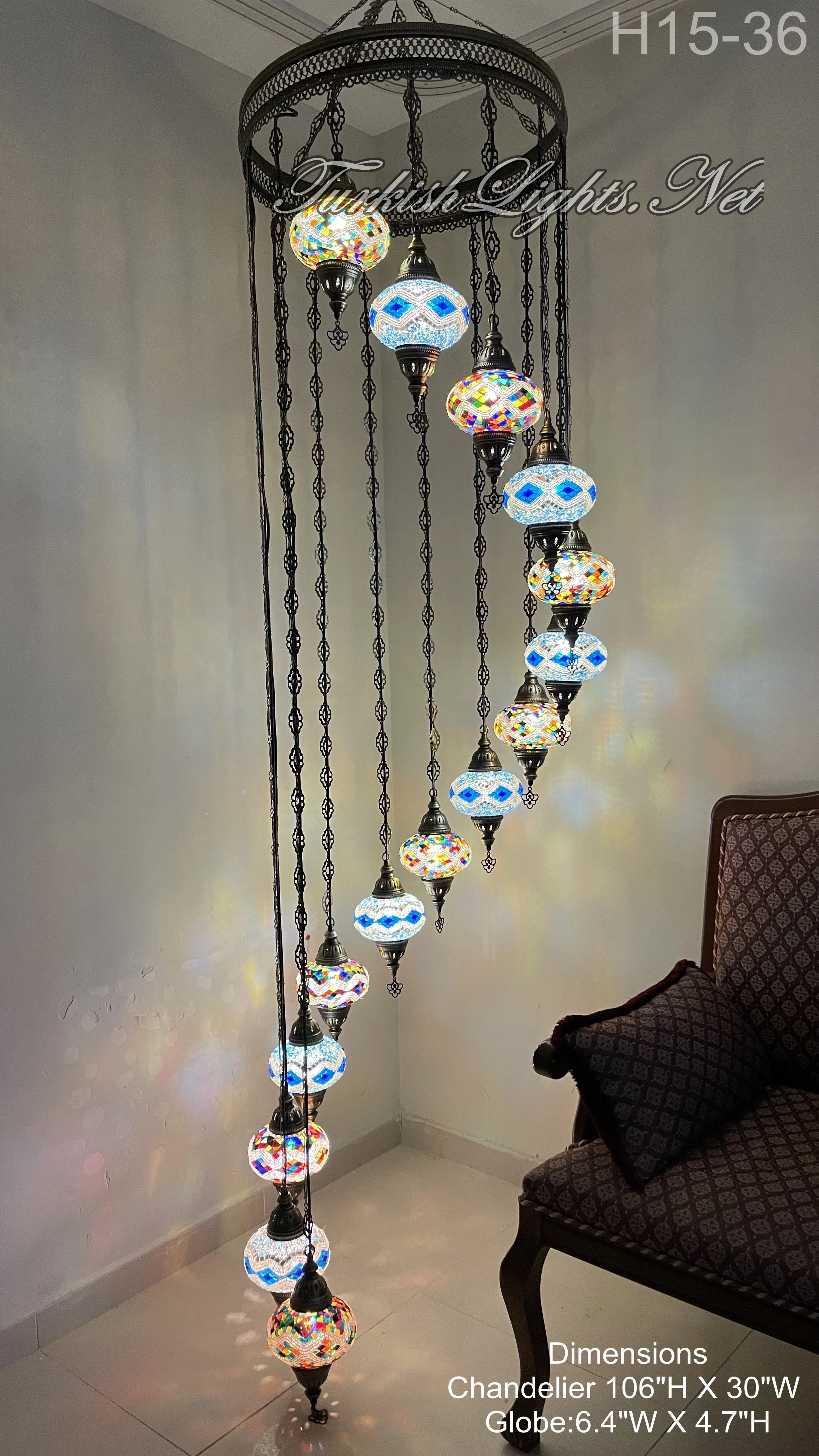 15-BALL TURKISH WATER DROP MOSAIC CHANDELIER MEDIUM GLOBES 8 TO CHOOSE H15L-MAIN - Image 7