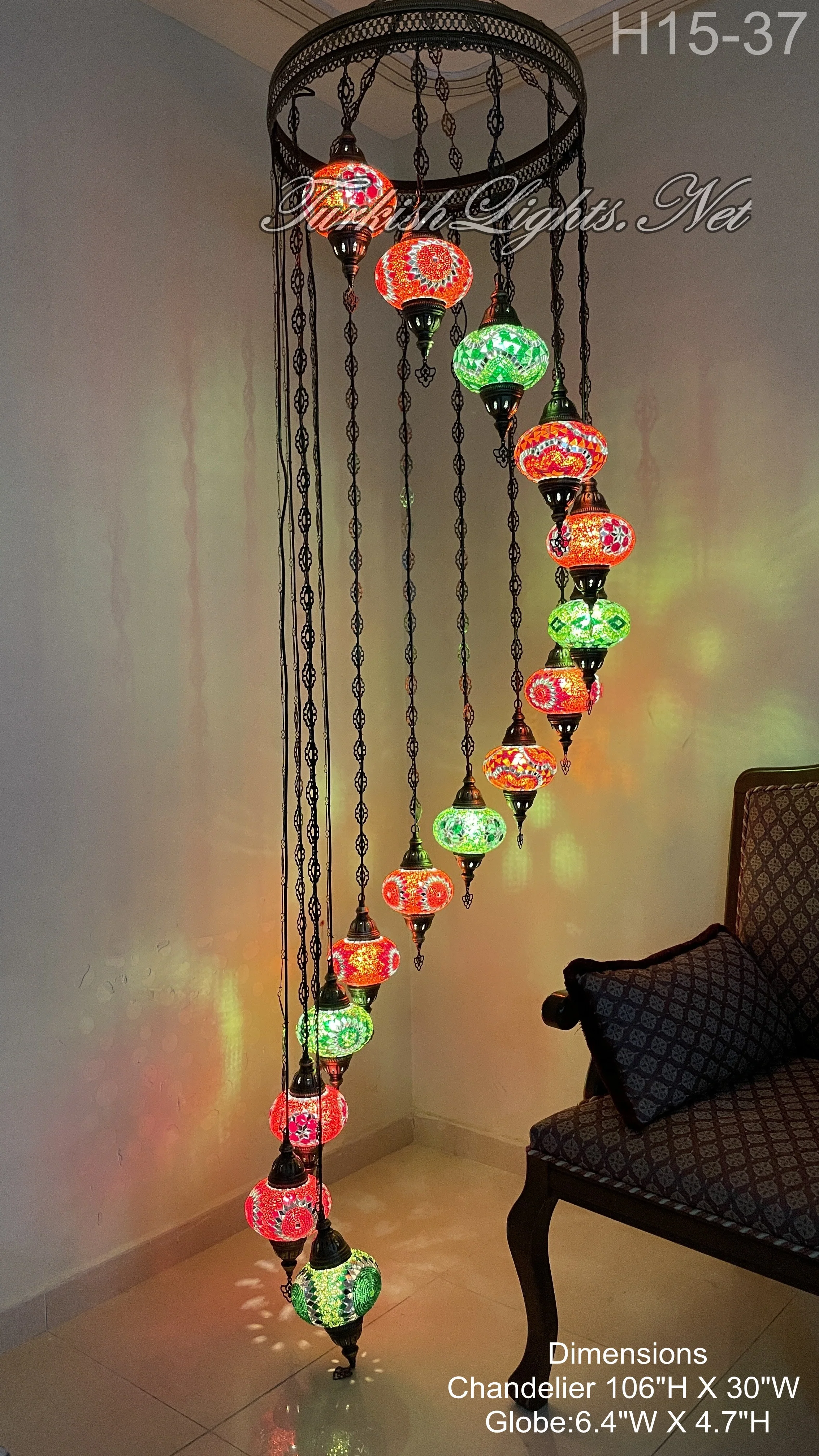 15-BALL TURKISH WATER DROP MOSAIC CHANDELIER MEDIUM GLOBES 8 TO CHOOSE H15L-MAIN - Image 8