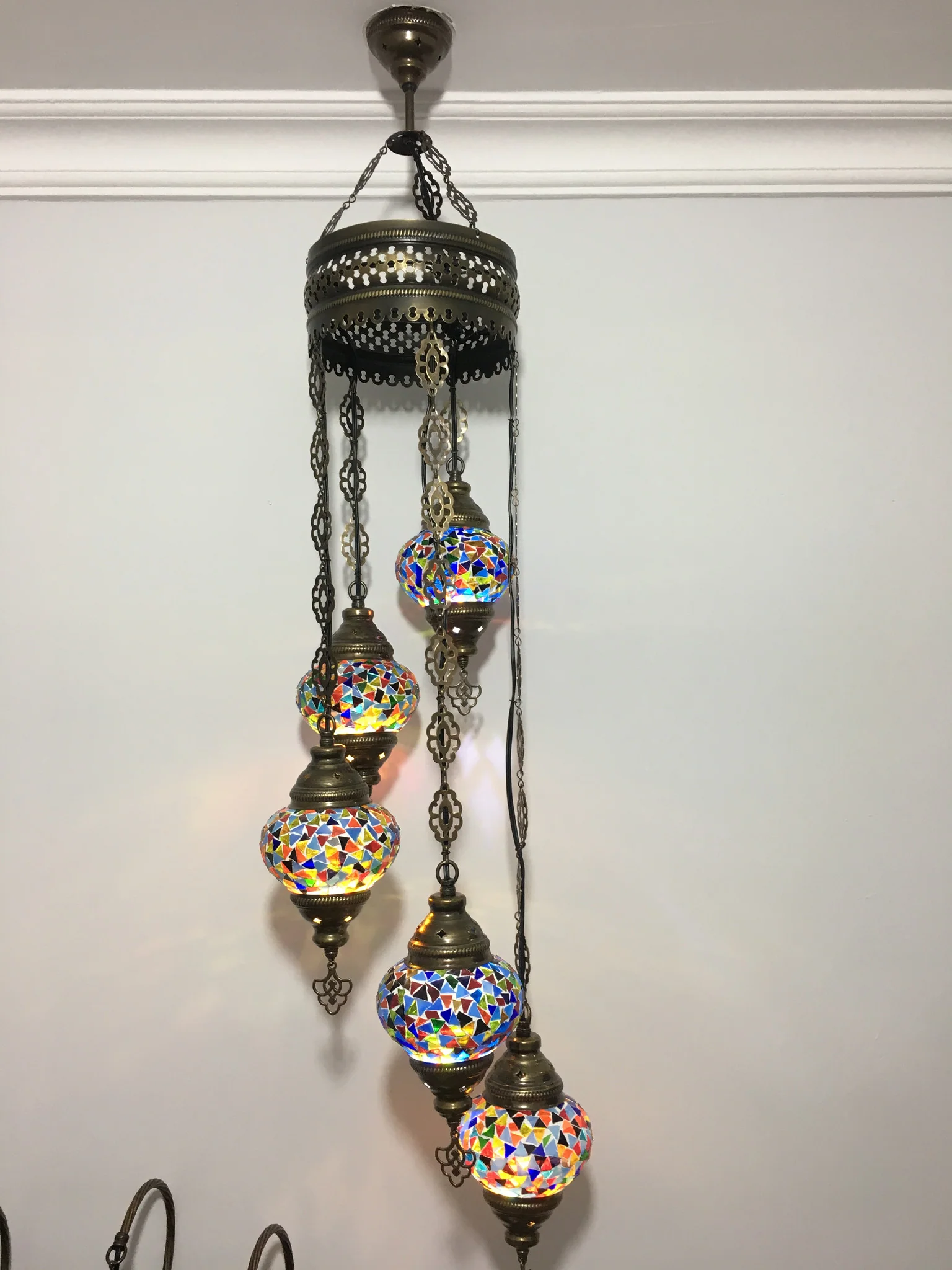 5 Ball Turkish Mosaic Chandelier - Water Drop Design with Medium Globes, ID: H05M-16 - Image 6