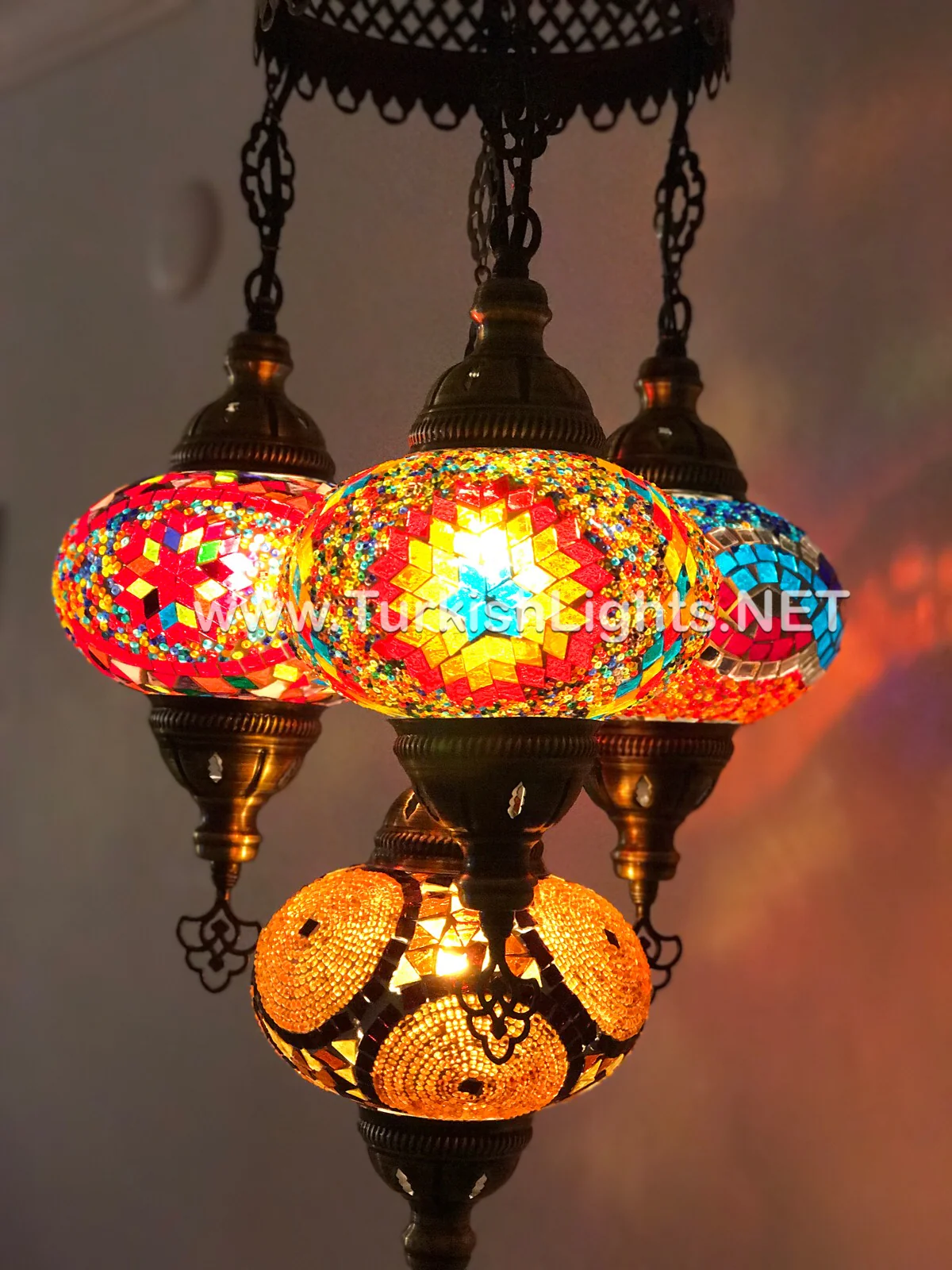 4 Ball Turkish Mosaic Chandelier - Handmade Sultan Design with Large Globes, ID: S4L-1 - Image 5