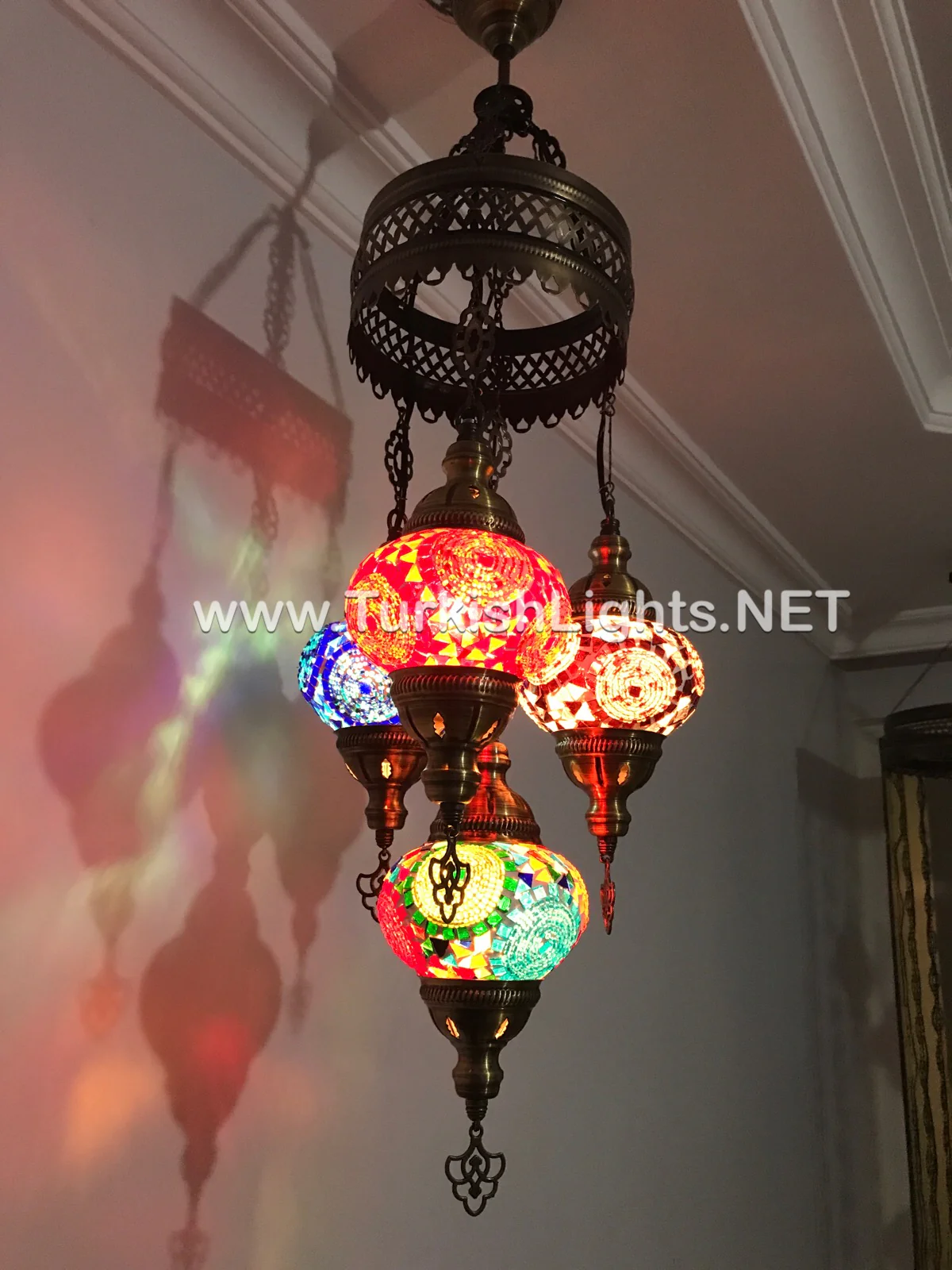 4 Ball Turkish Mosaic Chandelier - Handmade Sultan Design with Medium Globes, ID: S4M-1 - Image 4