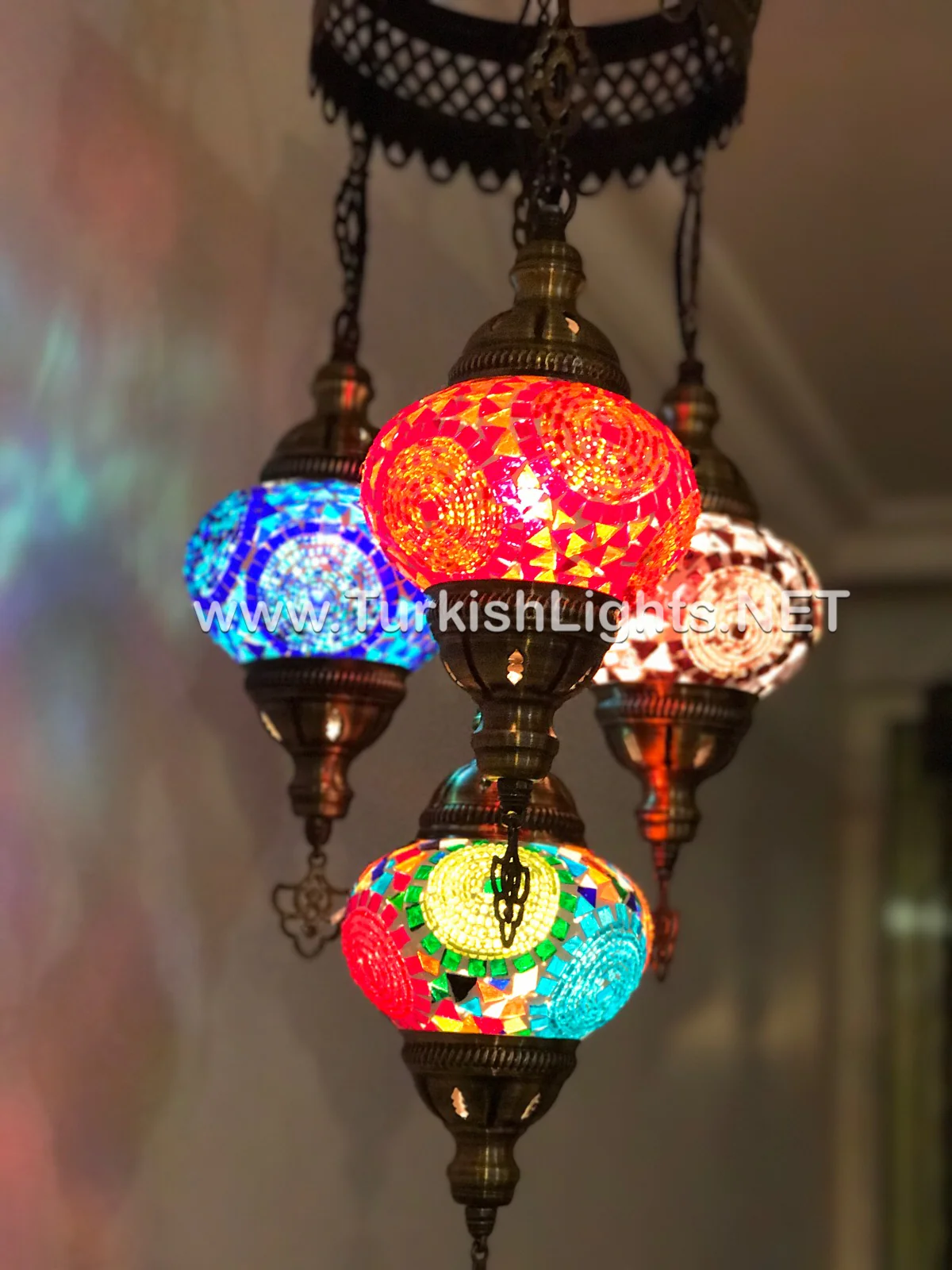 4 Ball Turkish Mosaic Chandelier - Handmade Sultan Design with Medium Globes, ID: S4M-1 - Image 5