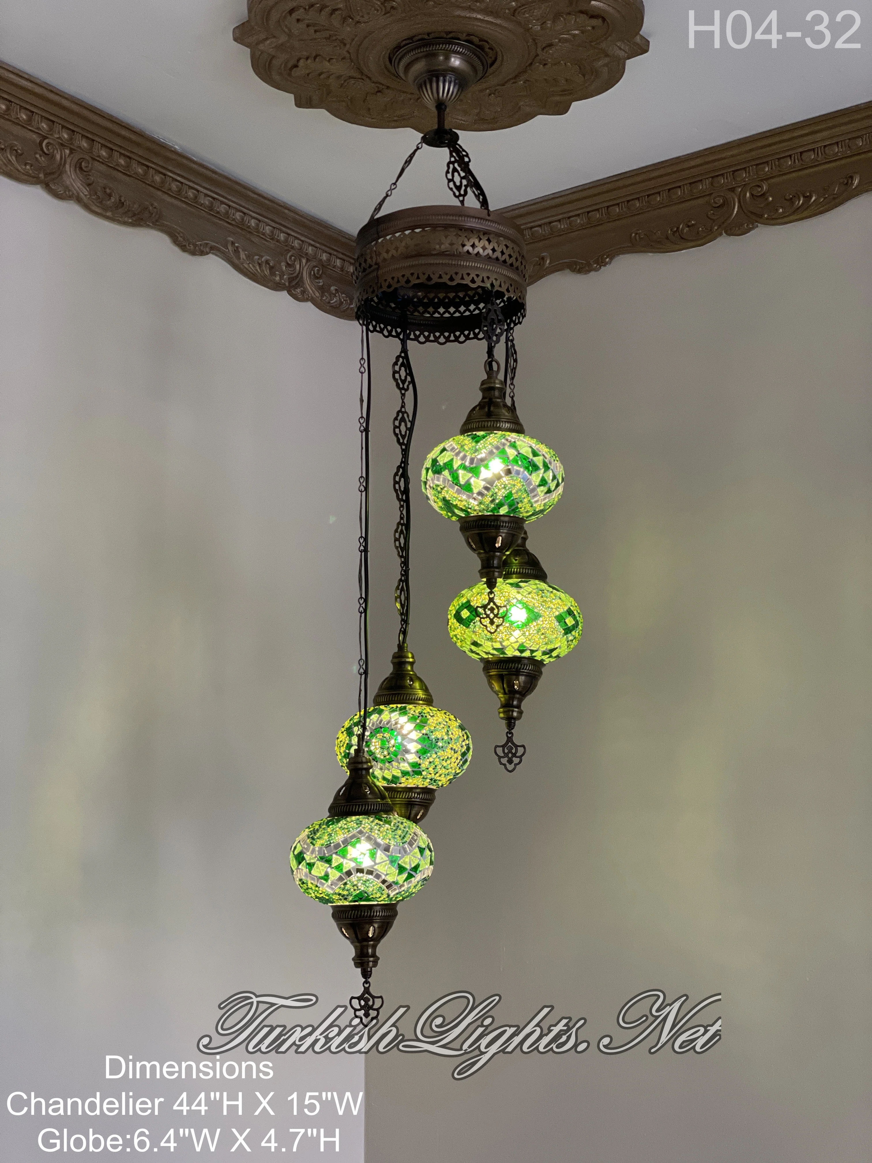 4 Ball Turkish Mosaic Chandelier - Water Drop Design with Large Globes, ID: H04L-32 - Image 4