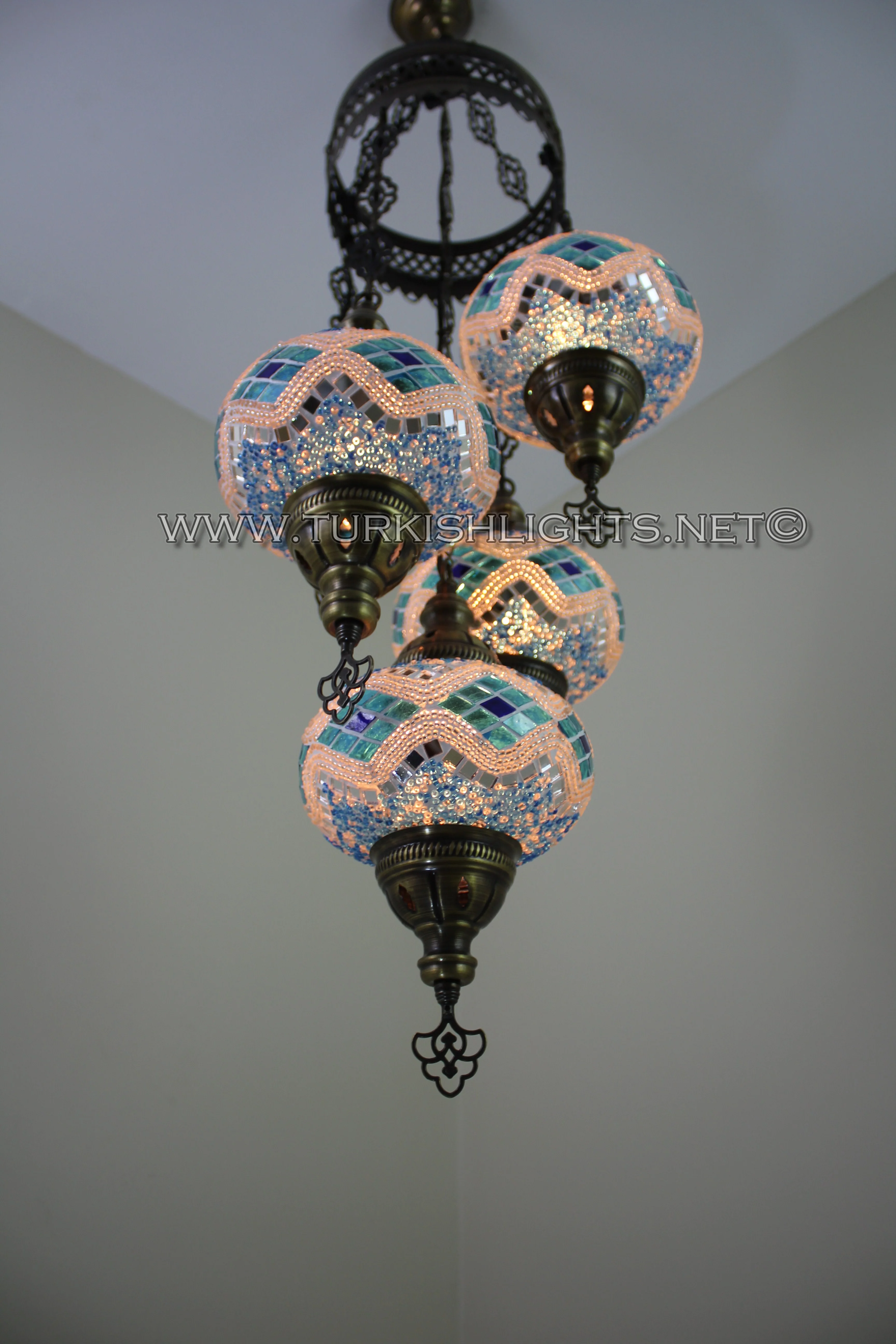 5 Ball Turkish Mosaic Chandelier - Handmade Sultan Design with Large Globes, ID: S5L-8