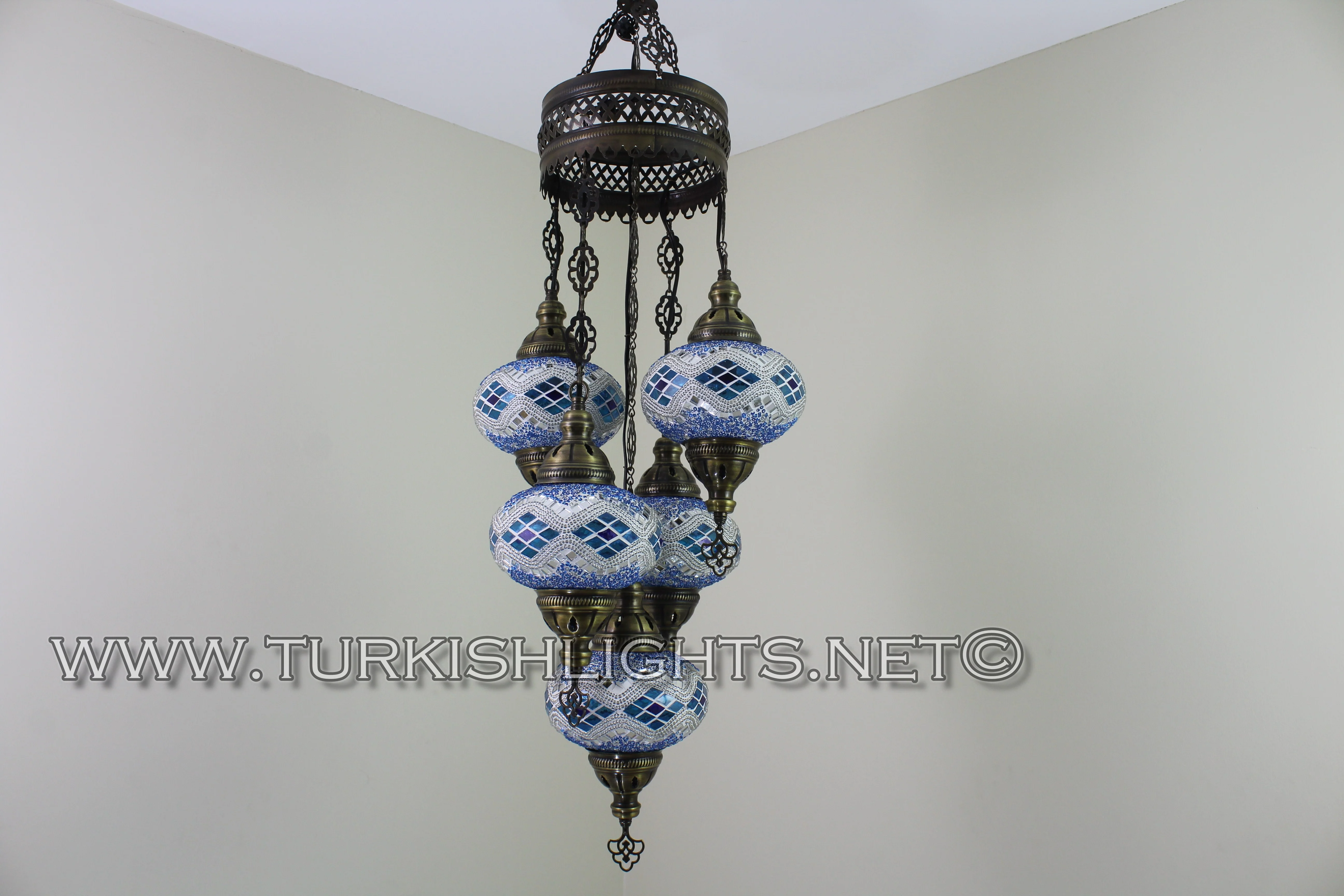 5 Ball Turkish Mosaic Chandelier - Handmade Sultan Design with Large Globes, ID: S5L-8 - Image 2