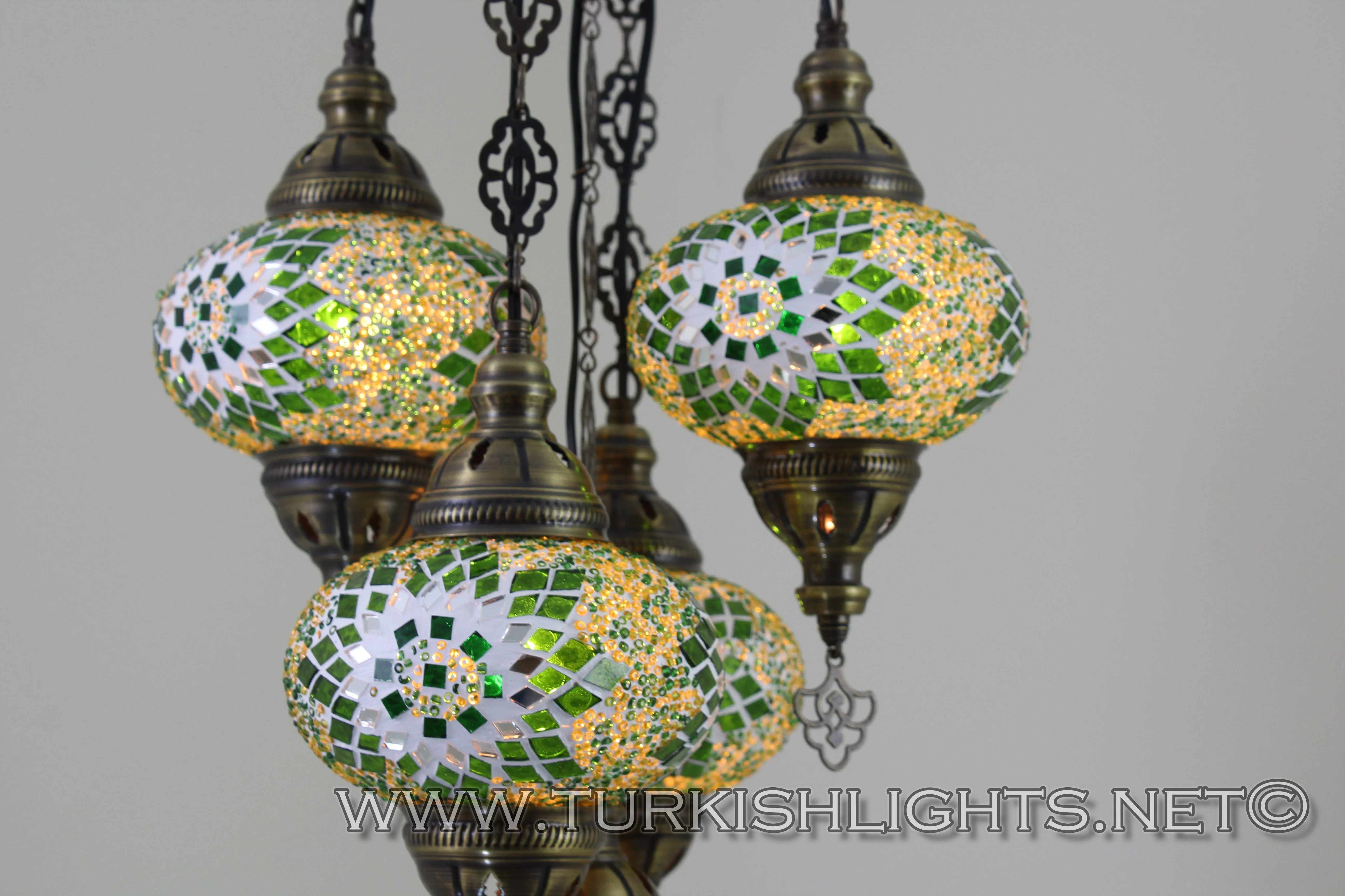 5 Ball Turkish Mosaic Chandelier - Handmade Sultan Design with Large Globes, ID: S5L-5