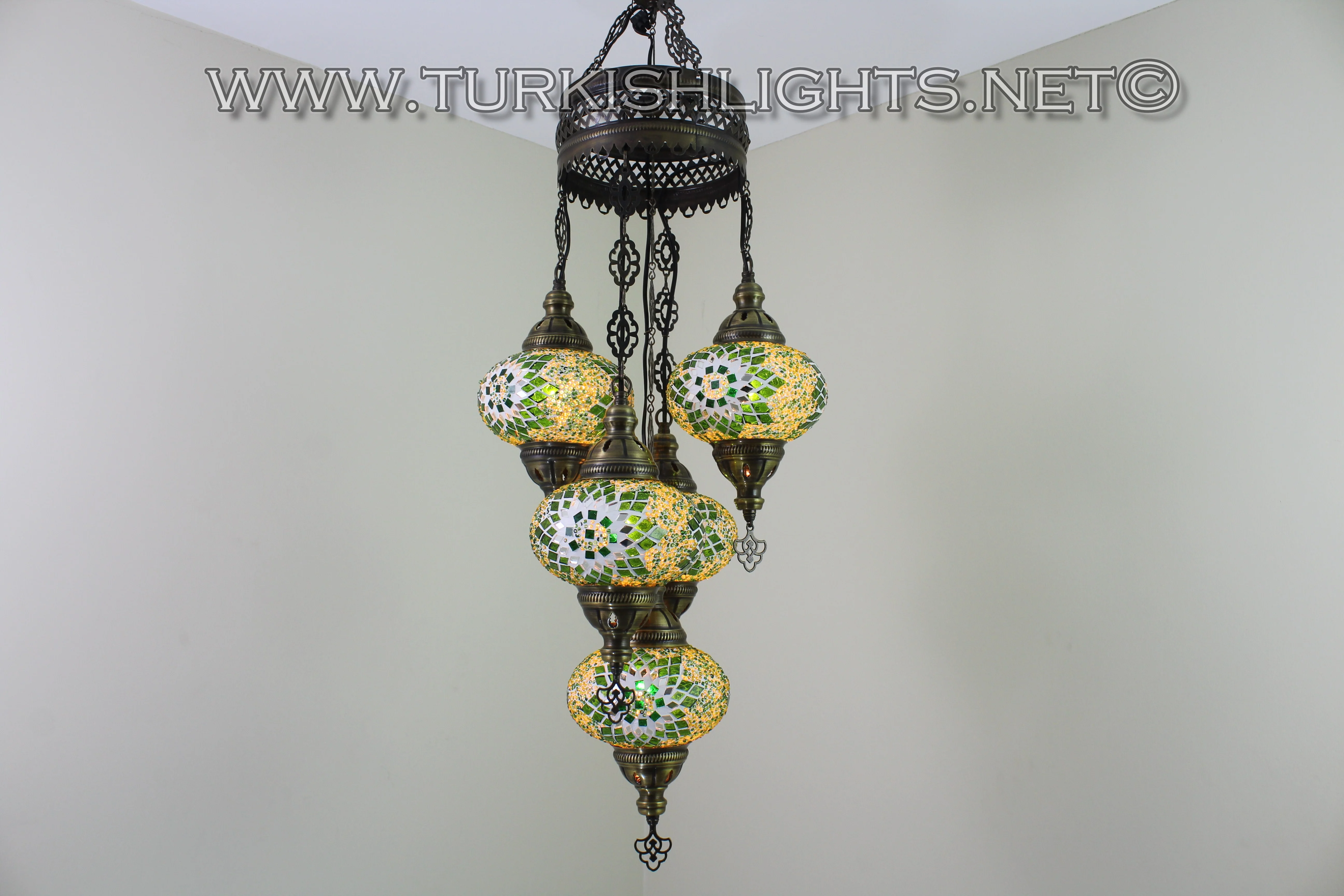 5 Ball Turkish Mosaic Chandelier - Handmade Sultan Design with Large Globes, ID: S5L-5 - Image 2