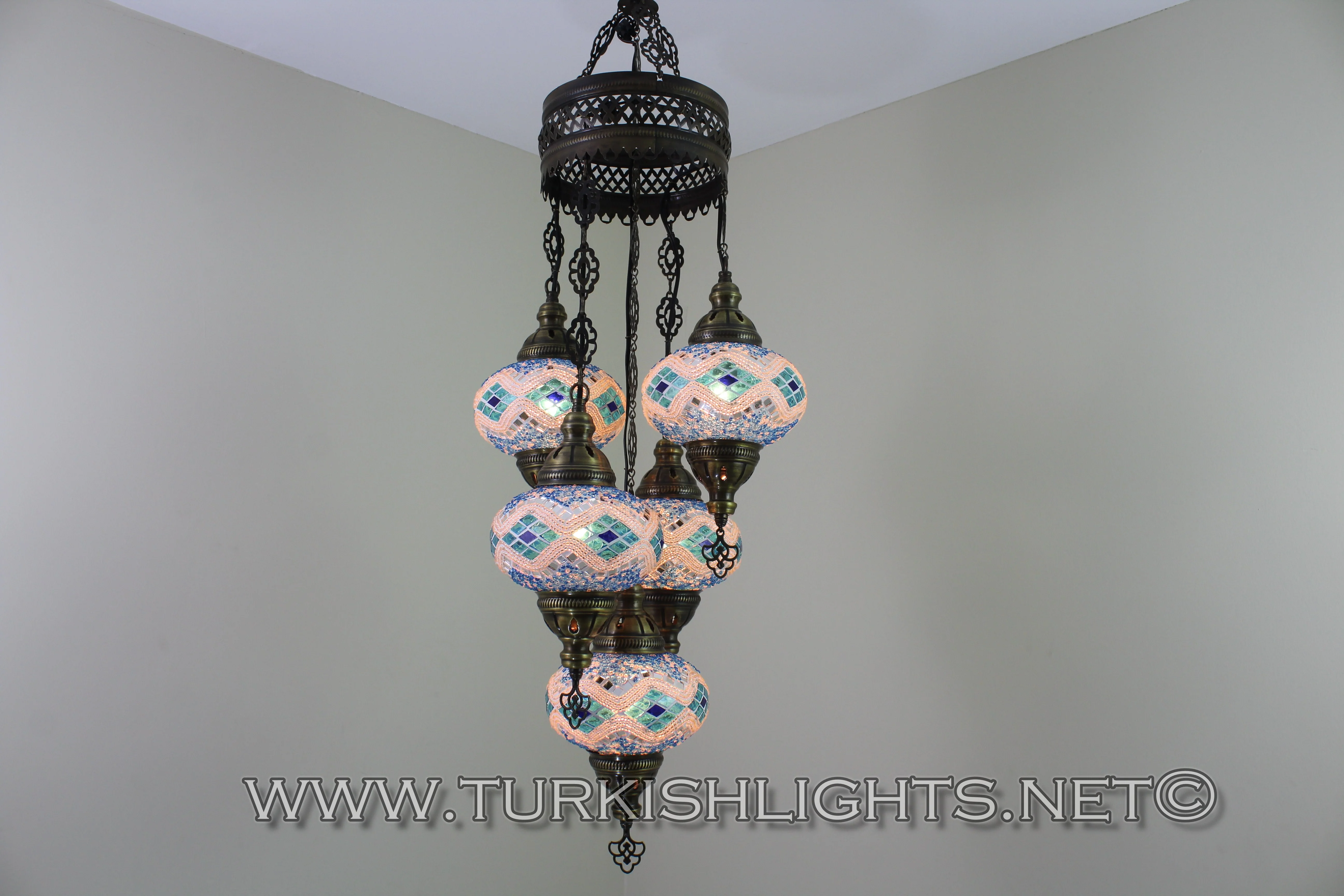 5 Ball Turkish Mosaic Chandelier - Handmade Sultan Design with Large Globes, ID: S5L-8 - Image 3