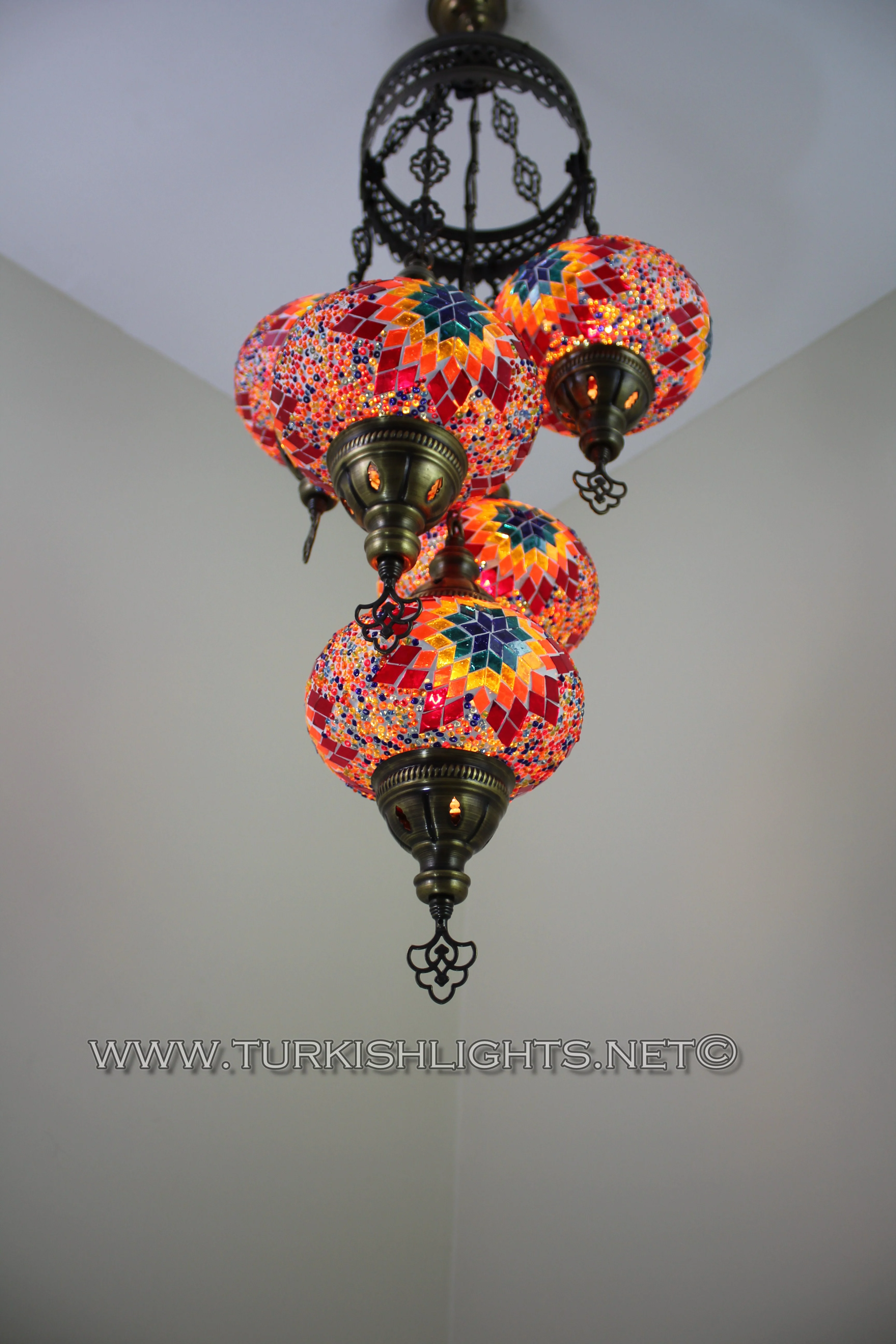 5 Ball Turkish Mosaic Chandelier - Handmade Sultan Design with Large Globes, ID: S5L-4