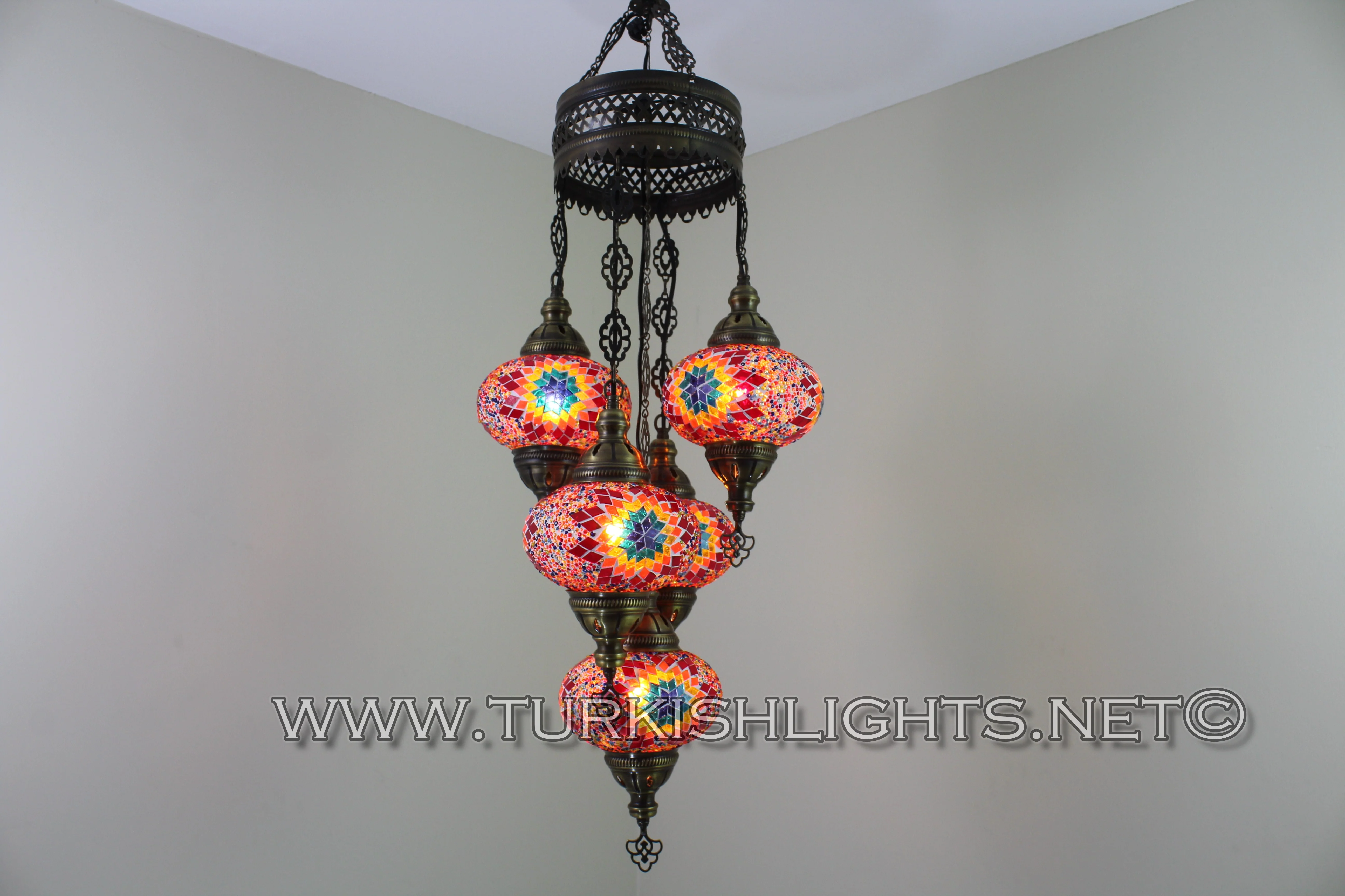 5 Ball Turkish Mosaic Chandelier - Handmade Sultan Design with Large Globes, ID: S5L-4 - Image 2