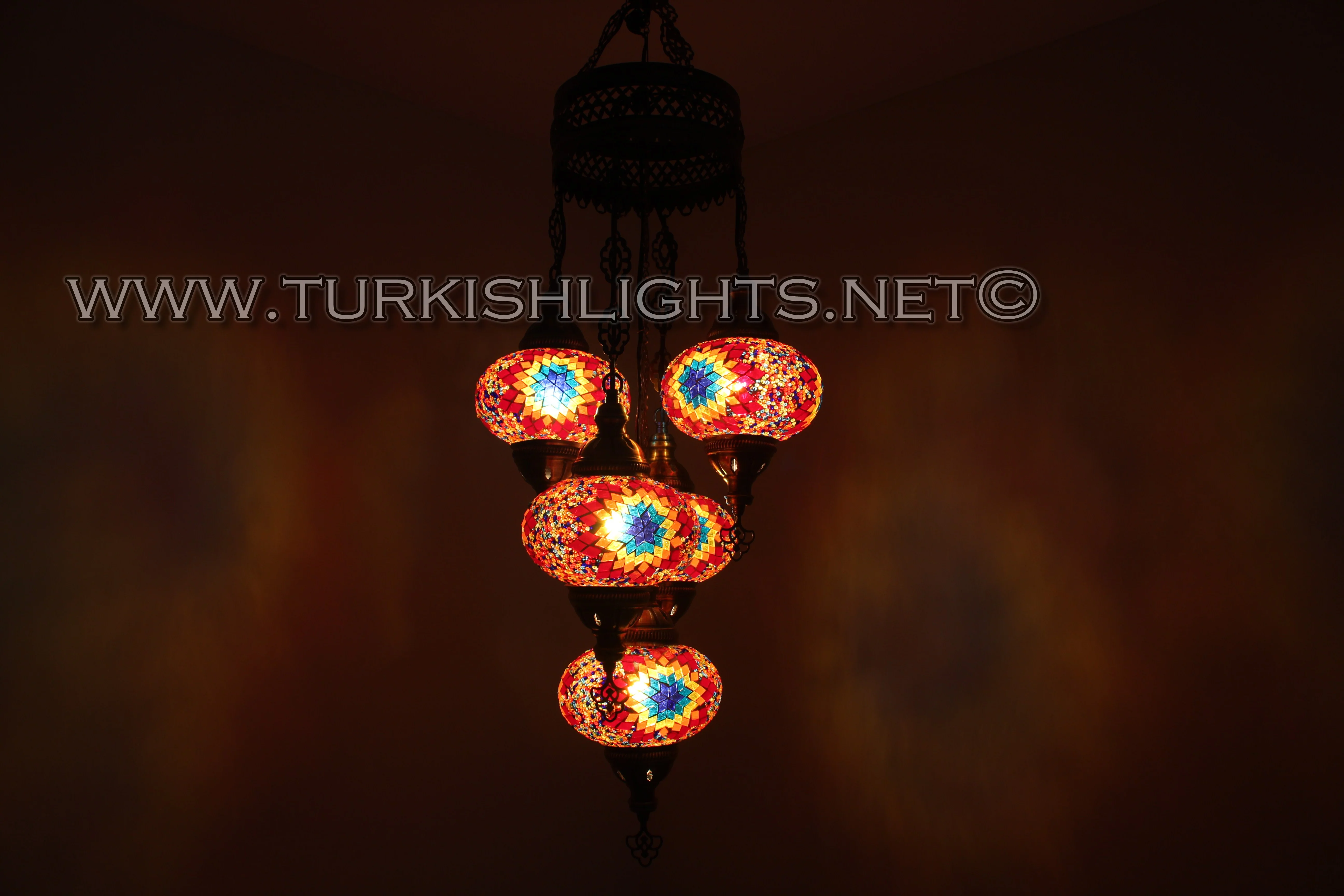 5 Ball Turkish Mosaic Chandelier - Handmade Sultan Design with Large Globes, ID: S5L-4 - Image 3