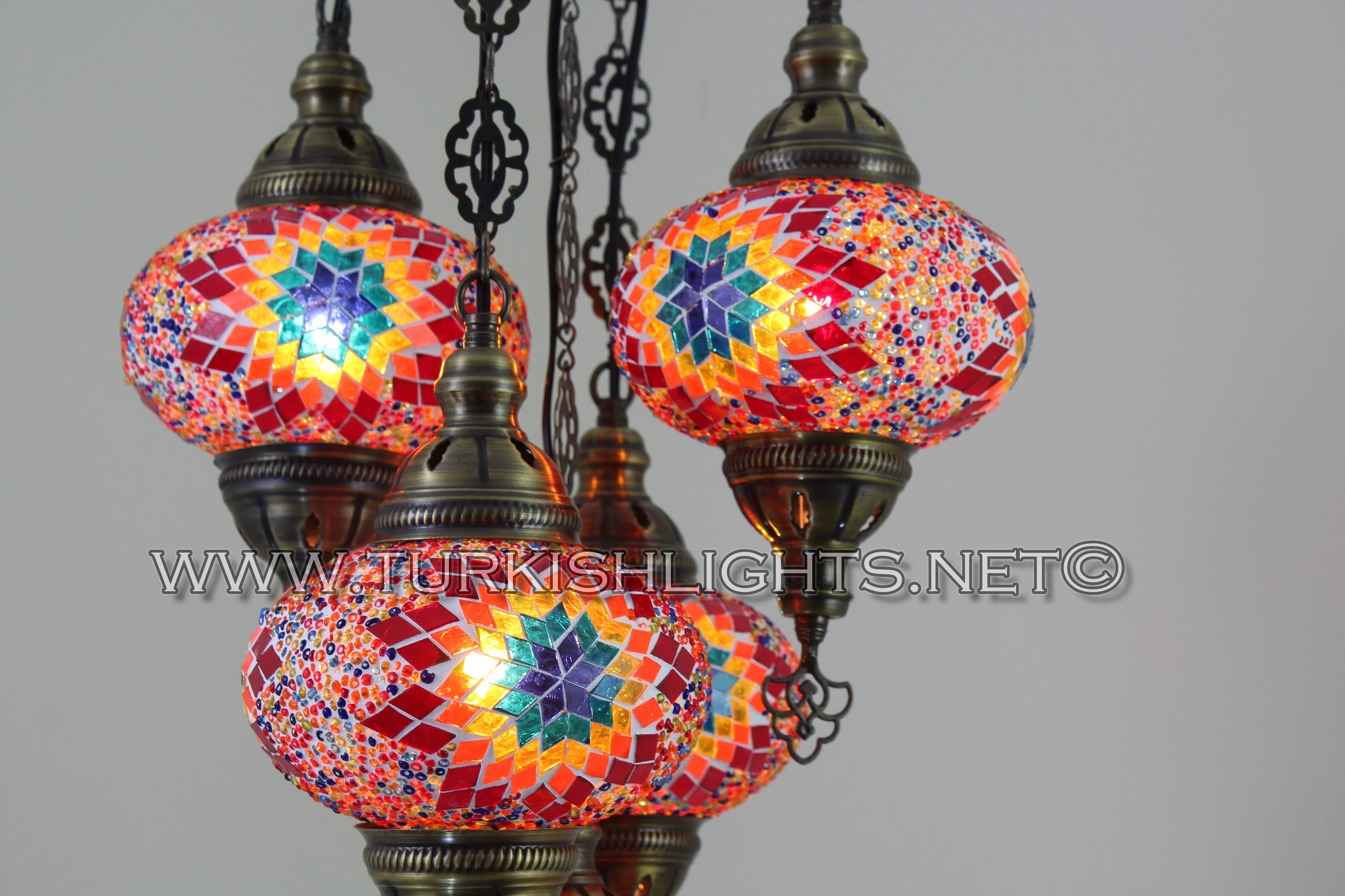 5 Ball Turkish Mosaic Chandelier - Handmade Sultan Design with Large Globes, ID: S5L-4 - Image 5