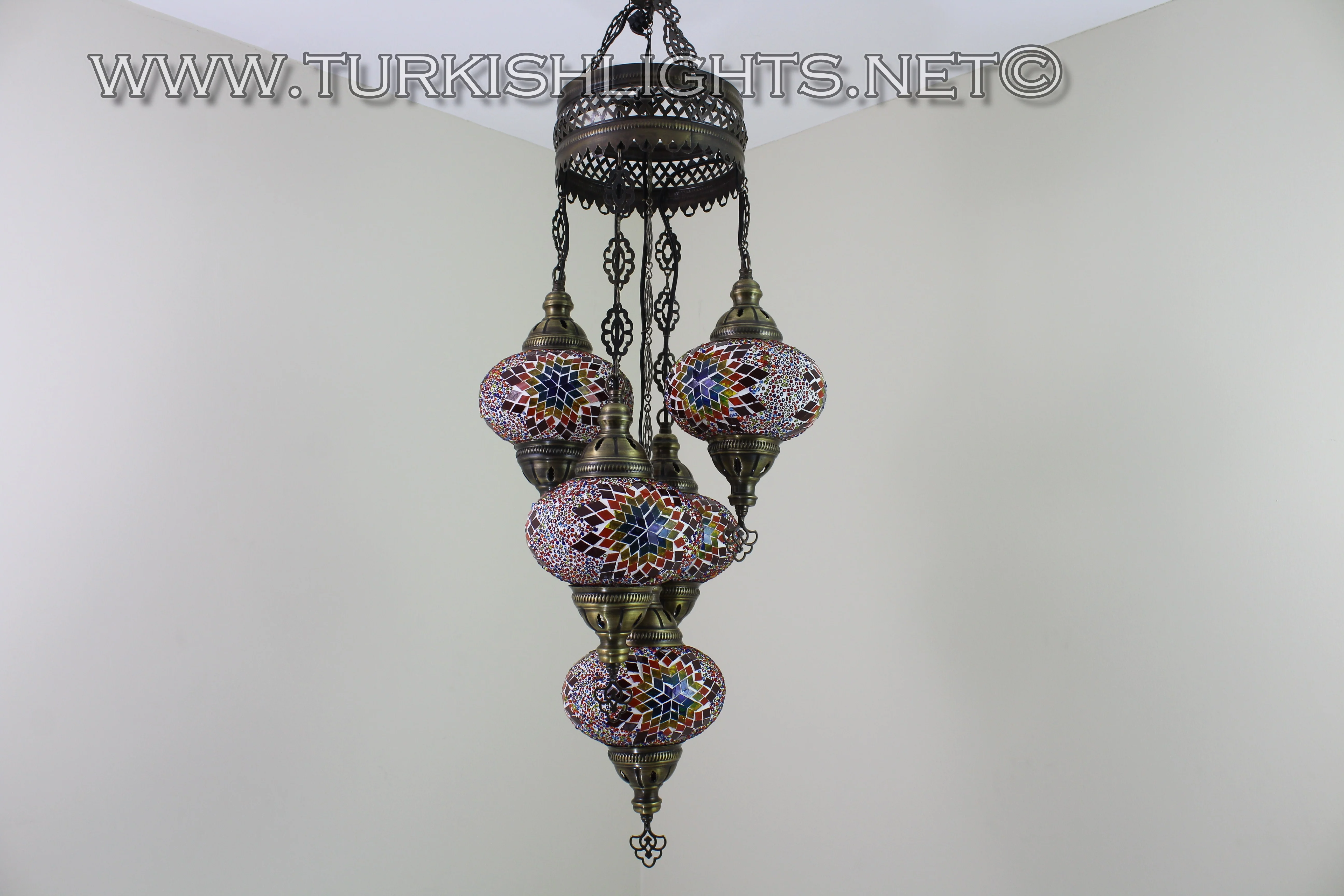 5 Ball Turkish Mosaic Chandelier - Handmade Sultan Design with Large Globes, ID: S5L-4 - Image 7