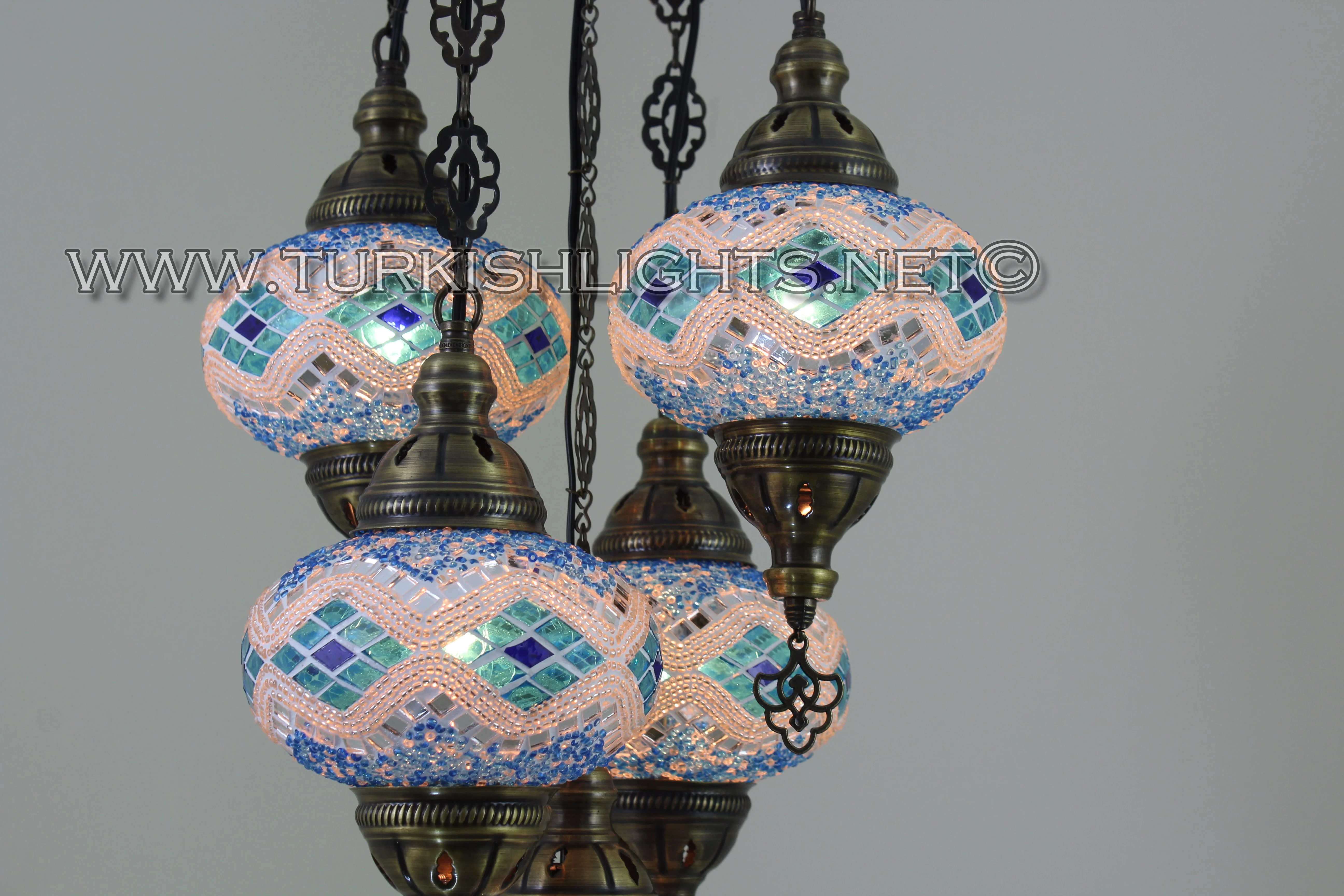 5 Ball Turkish Mosaic Chandelier - Handmade Sultan Design with Large Globes, ID: S5L-8 - Image 6