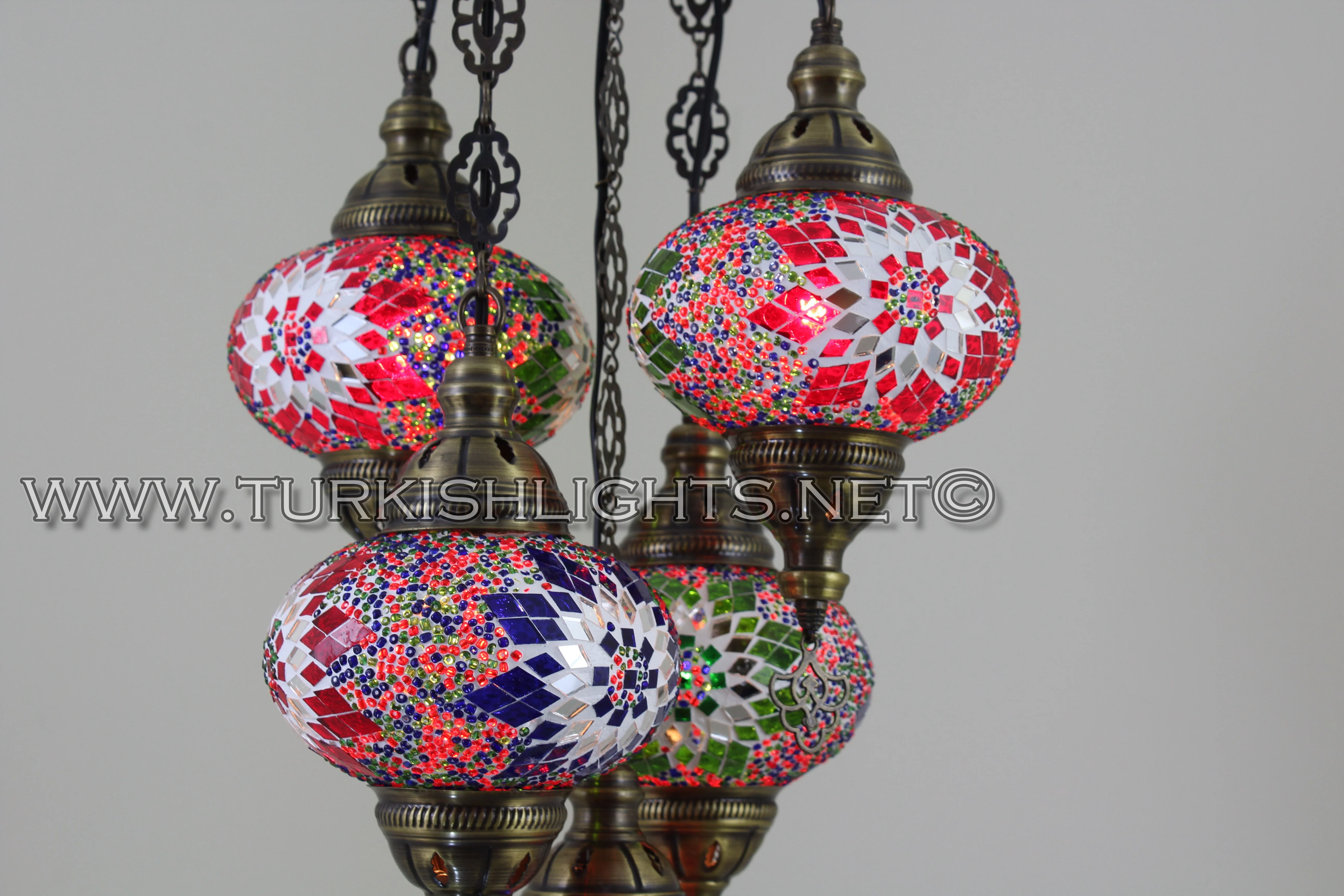 5 Ball Turkish Mosaic Chandelier - Handmade Sultan Design with Large Globes, ID: S5L-2