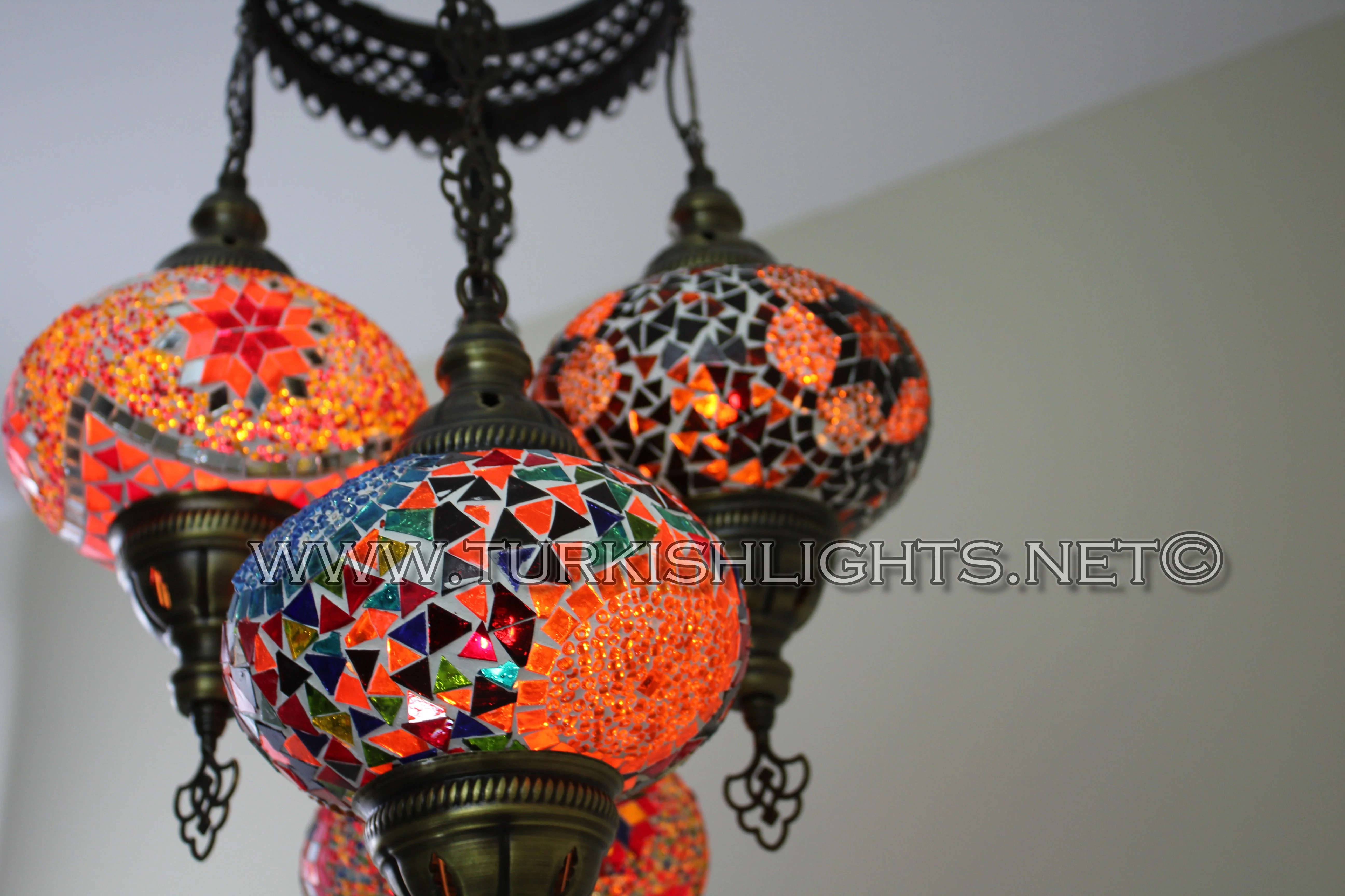 5 Ball Turkish Mosaic Chandelier - Handmade Sultan Design with Large Globes, ID: S5L-1