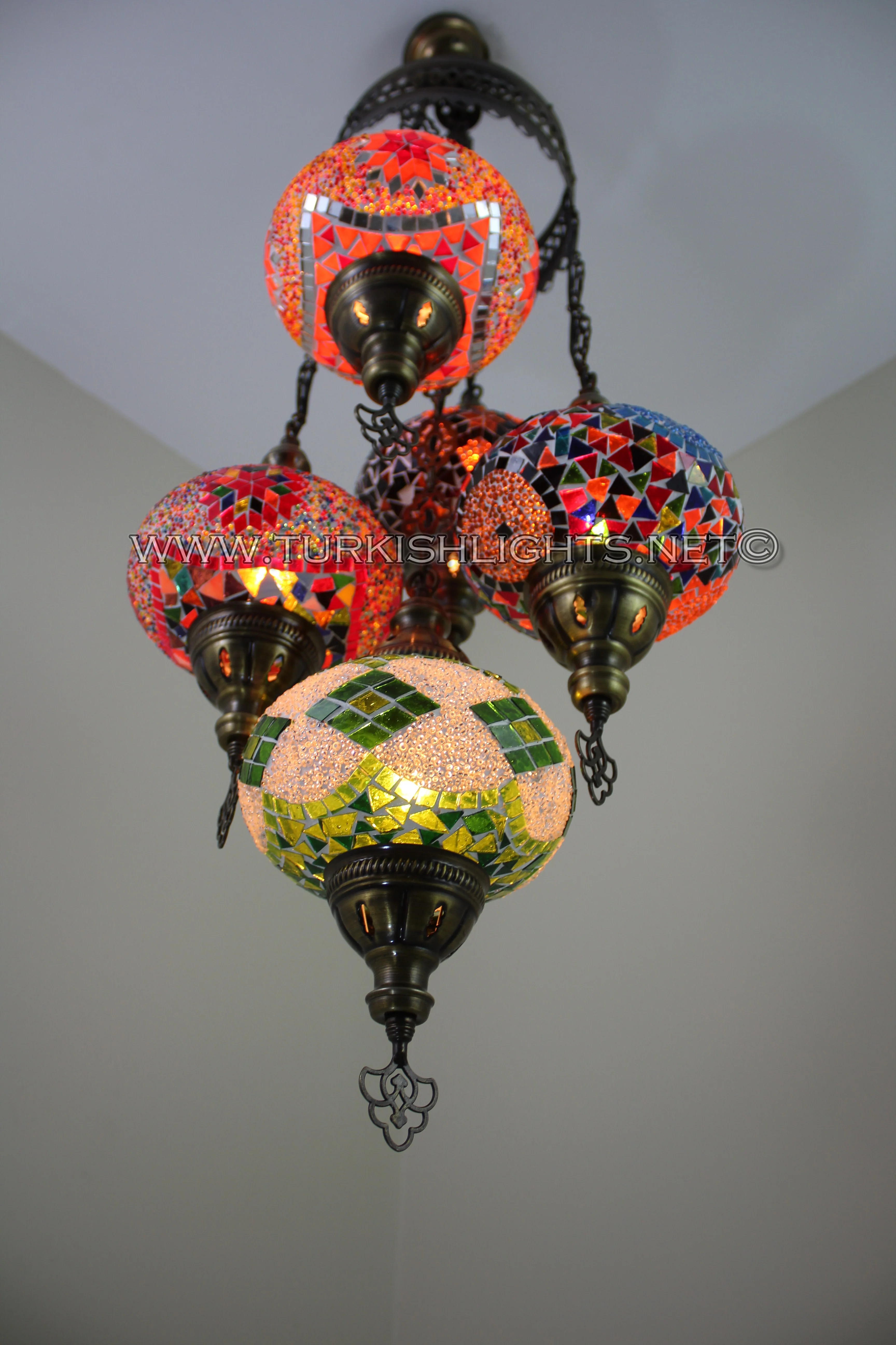 5 Ball Turkish Mosaic Chandelier - Handmade Sultan Design with Large Globes, ID: S5L-1 - Image 2
