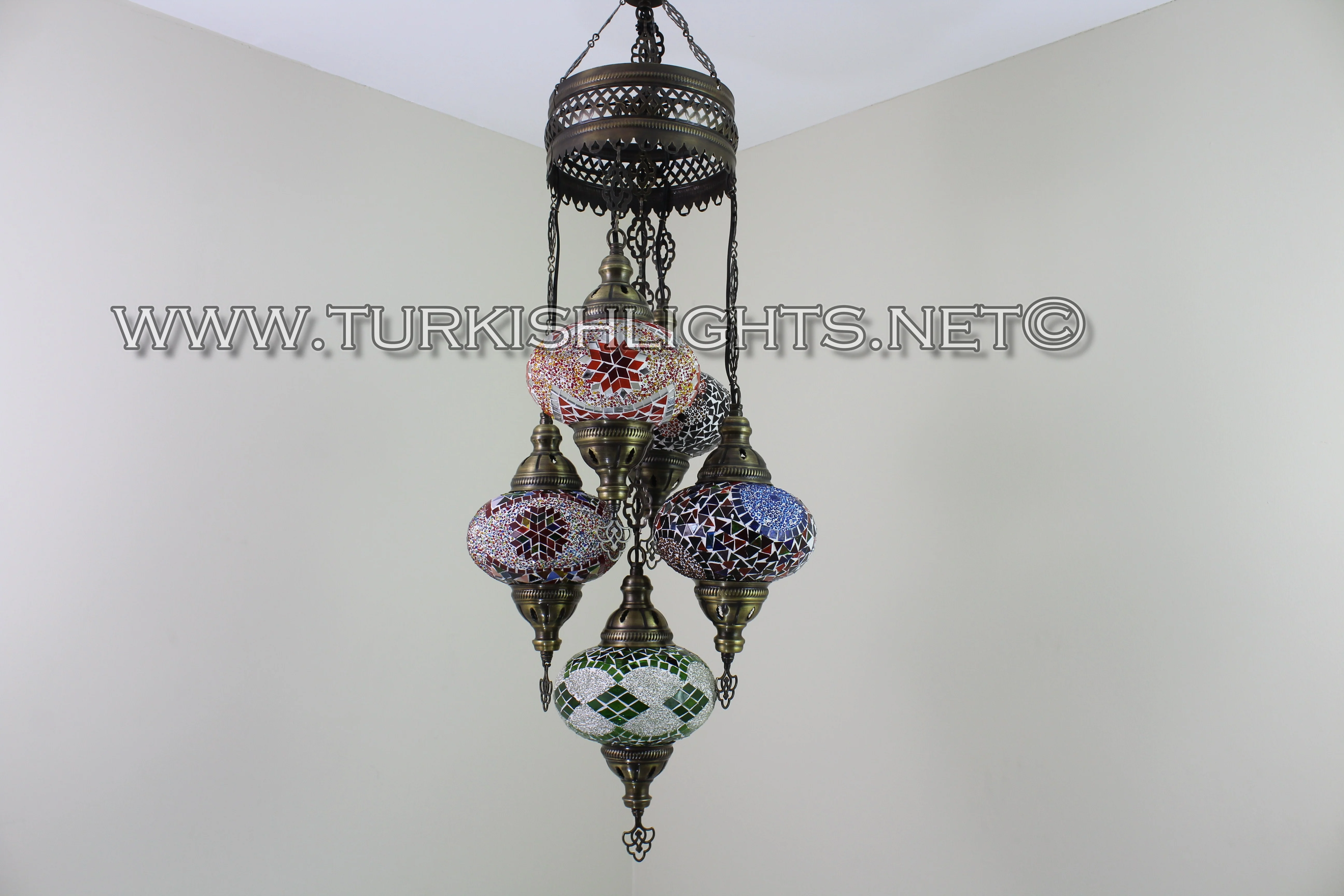 5 Ball Turkish Mosaic Chandelier - Handmade Sultan Design with Large Globes, ID: S5L-1 - Image 3