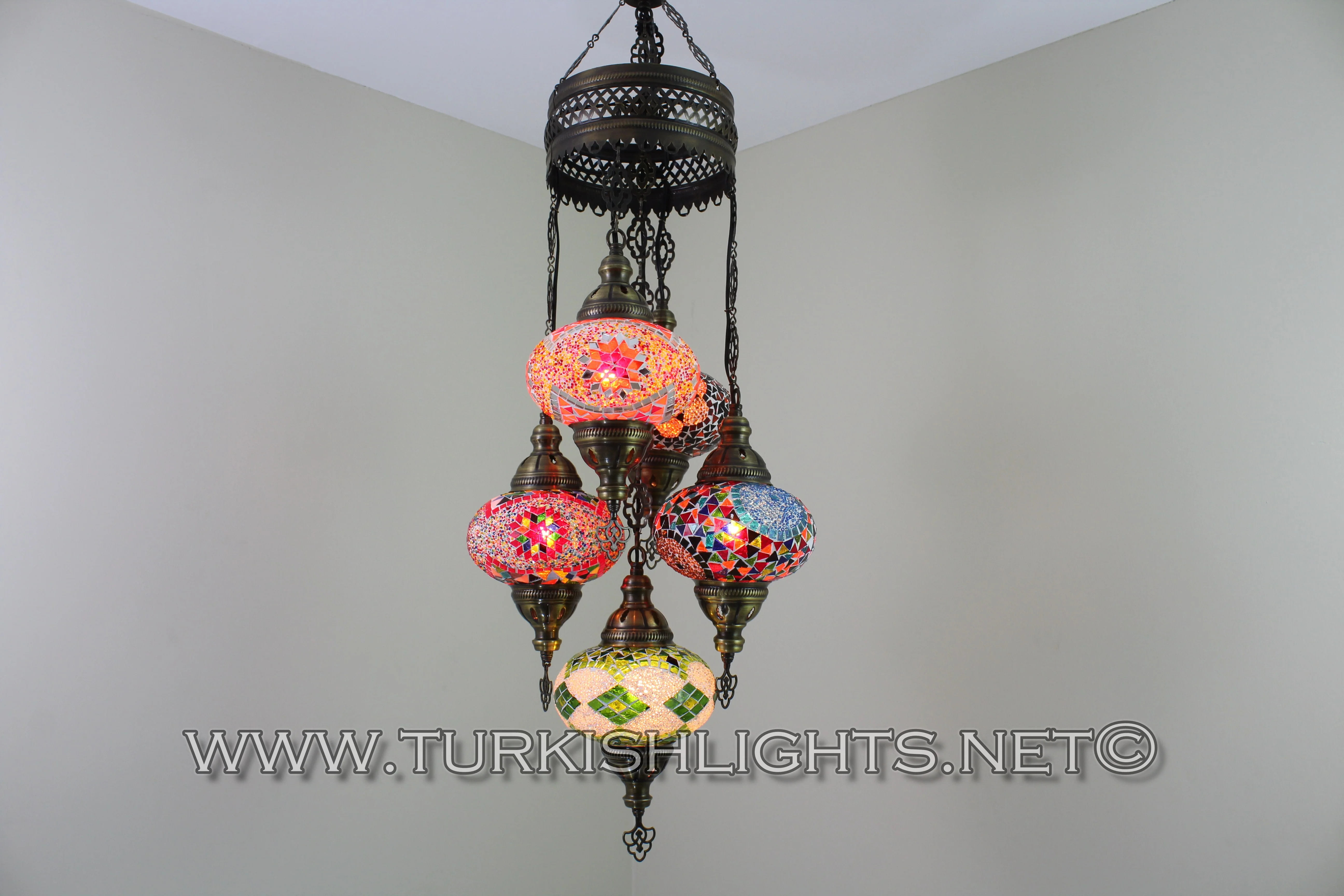 5 Ball Turkish Mosaic Chandelier - Handmade Sultan Design with Large Globes, ID: S5L-1 - Image 4