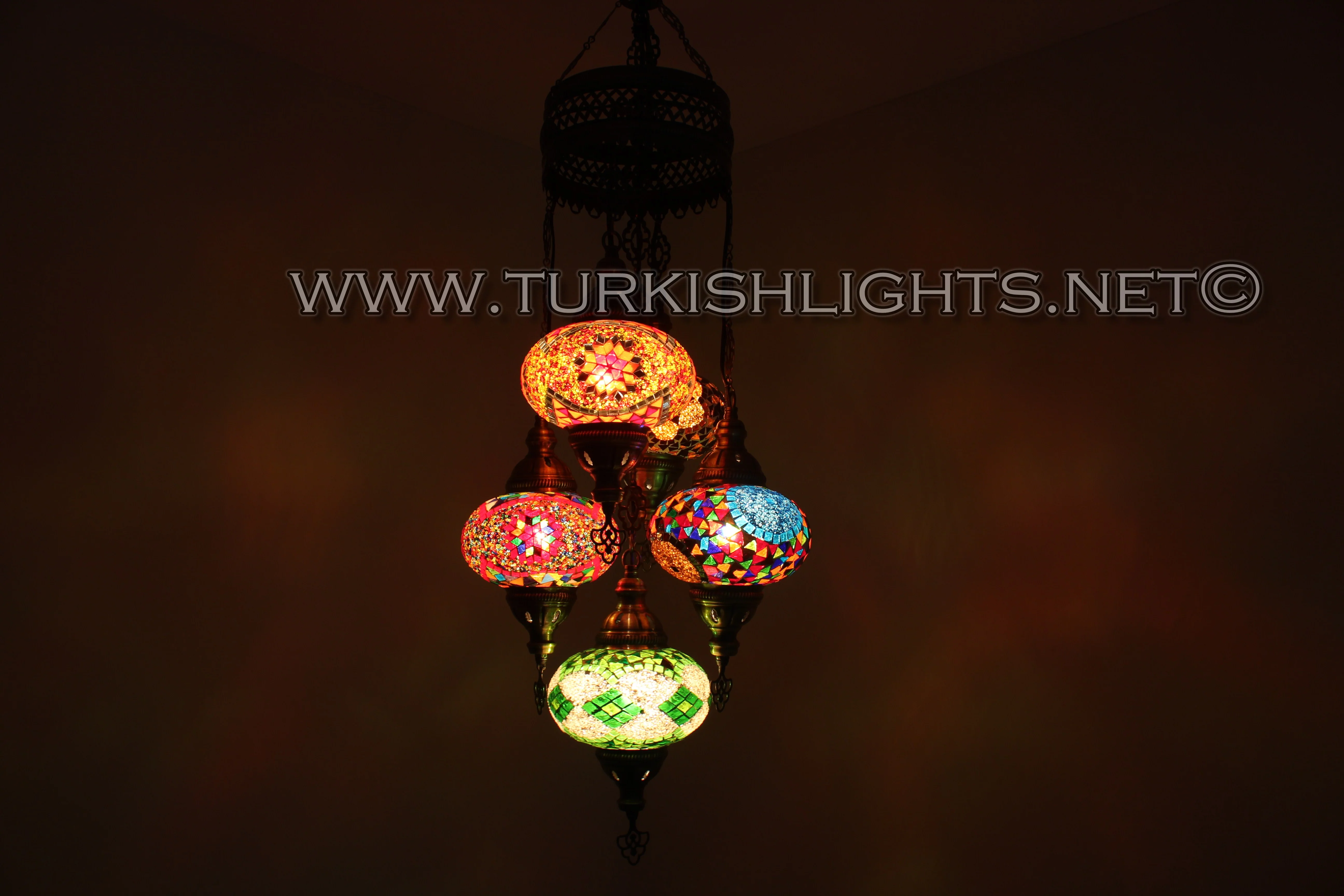 5 Ball Turkish Mosaic Chandelier - Handmade Sultan Design with Large Globes, ID: S5L-1 - Image 5
