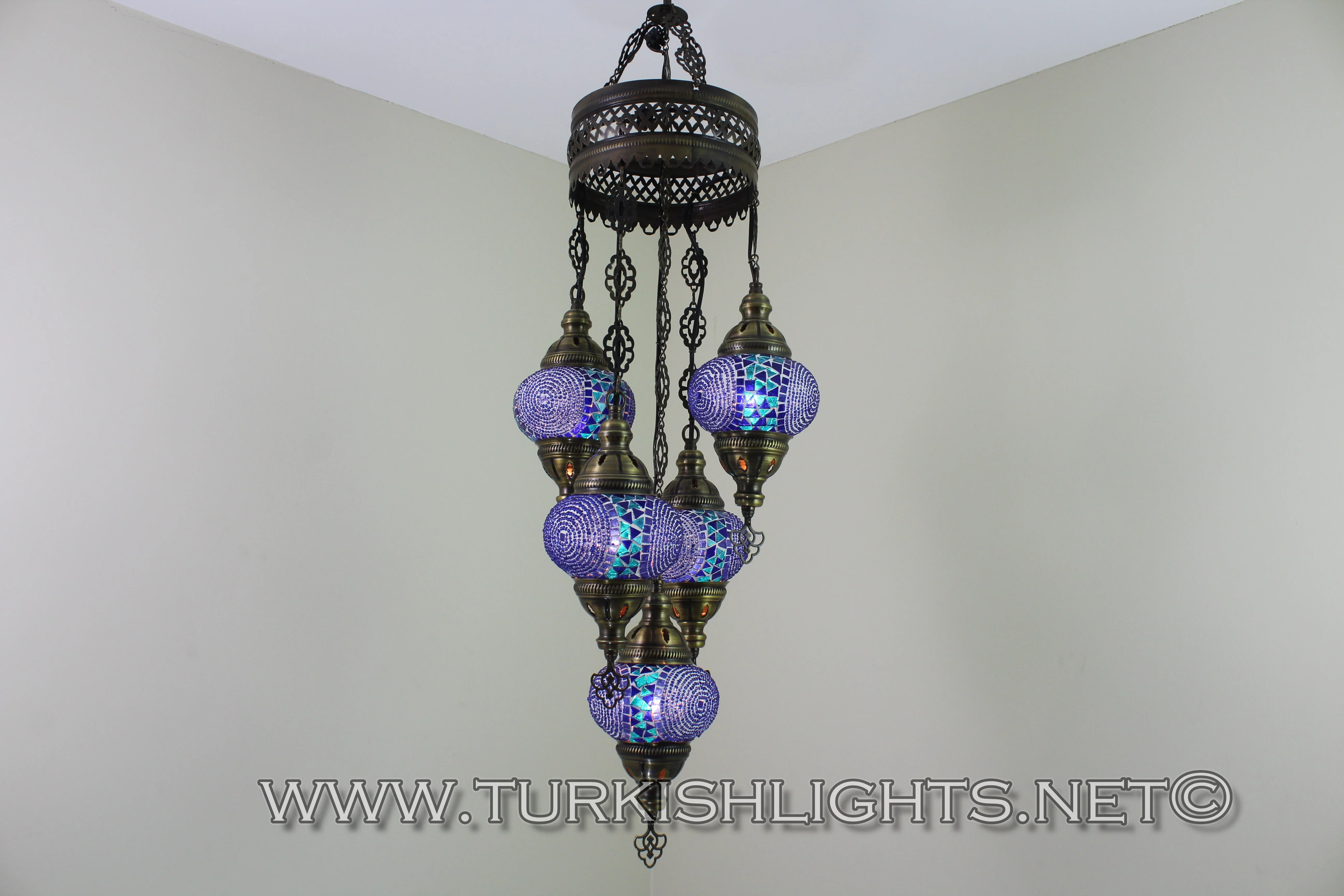 5 Ball Turkish Mosaic Chandelier - Handmade Sultan Design with Medium Globes, ID: S5M-11 - Image 3