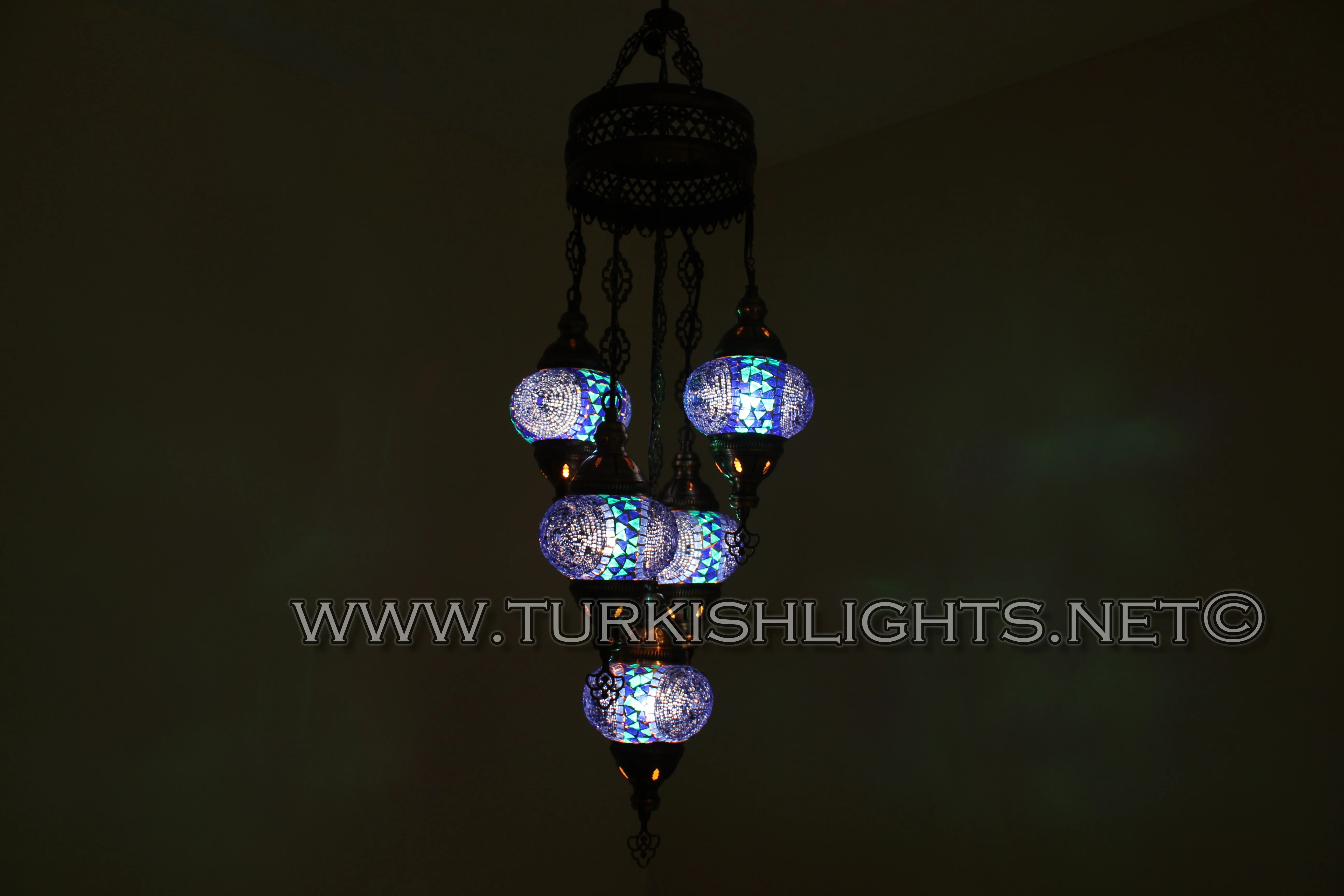 5 Ball Turkish Mosaic Chandelier - Handmade Sultan Design with Medium Globes, ID: S5M-11 - Image 4