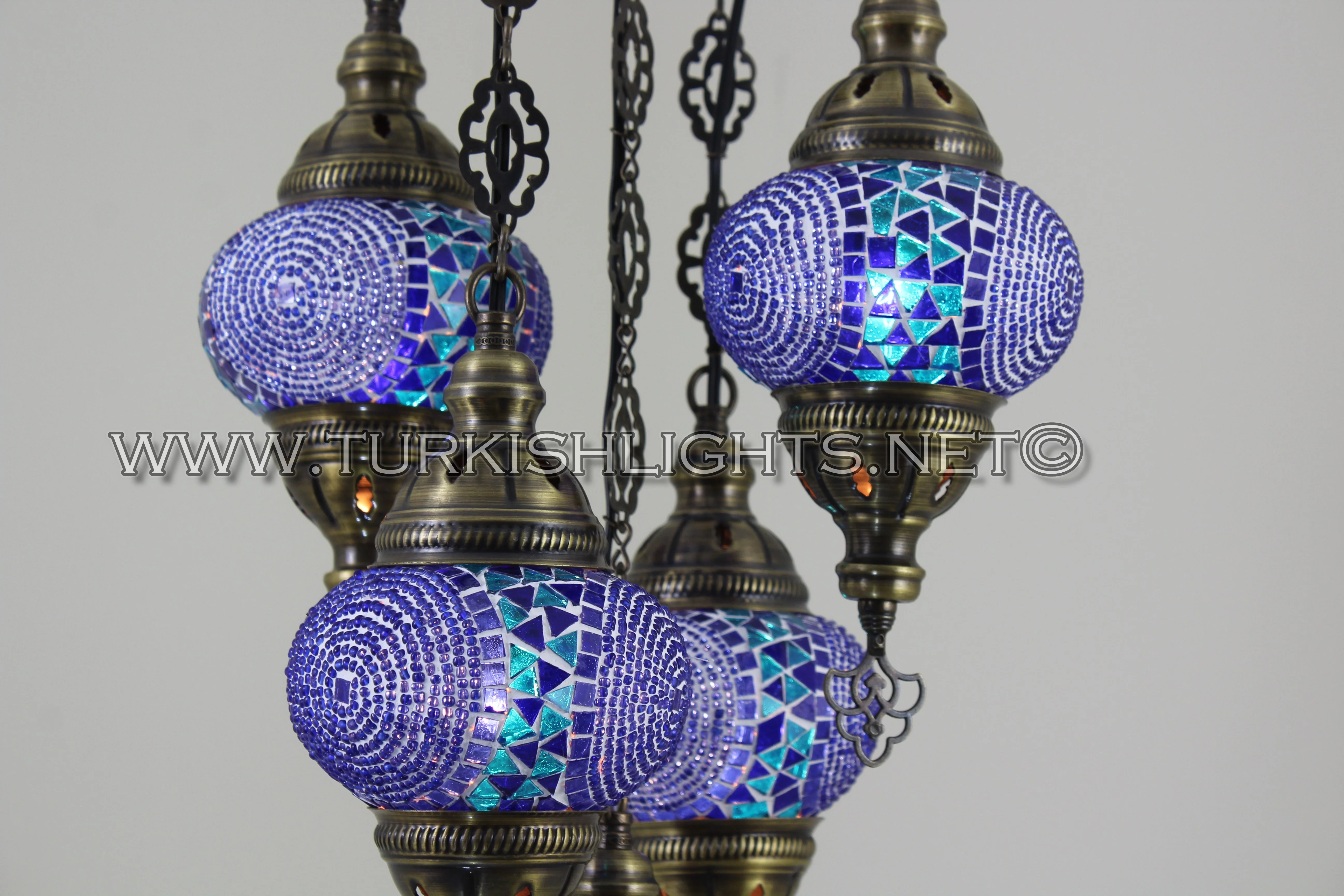 5 Ball Turkish Mosaic Chandelier - Handmade Sultan Design with Medium Globes, ID: S5M-11 - Image 5