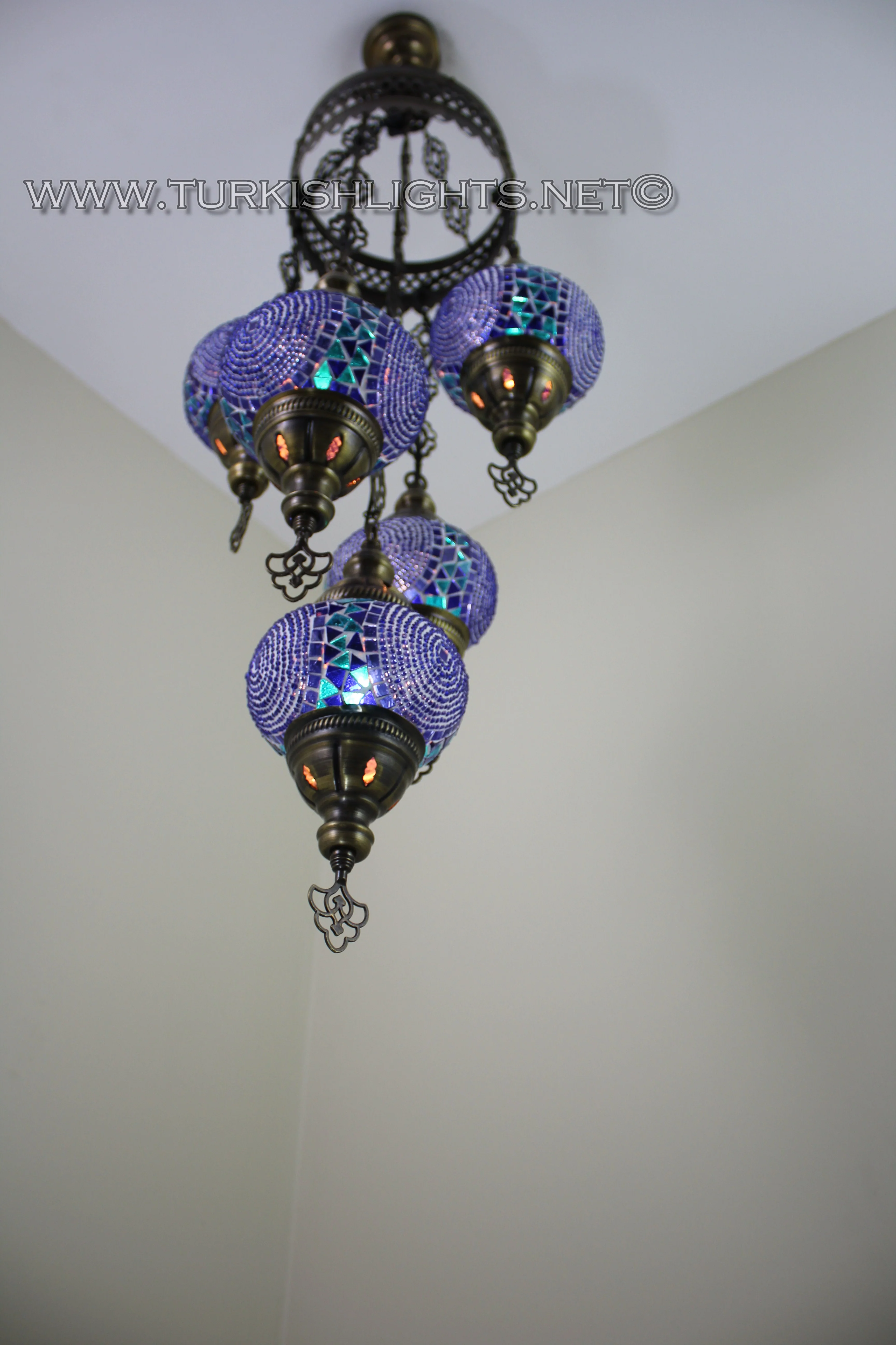5 Ball Turkish Mosaic Chandelier - Handmade Sultan Design with Medium Globes, ID: S5M-11 - Image 7