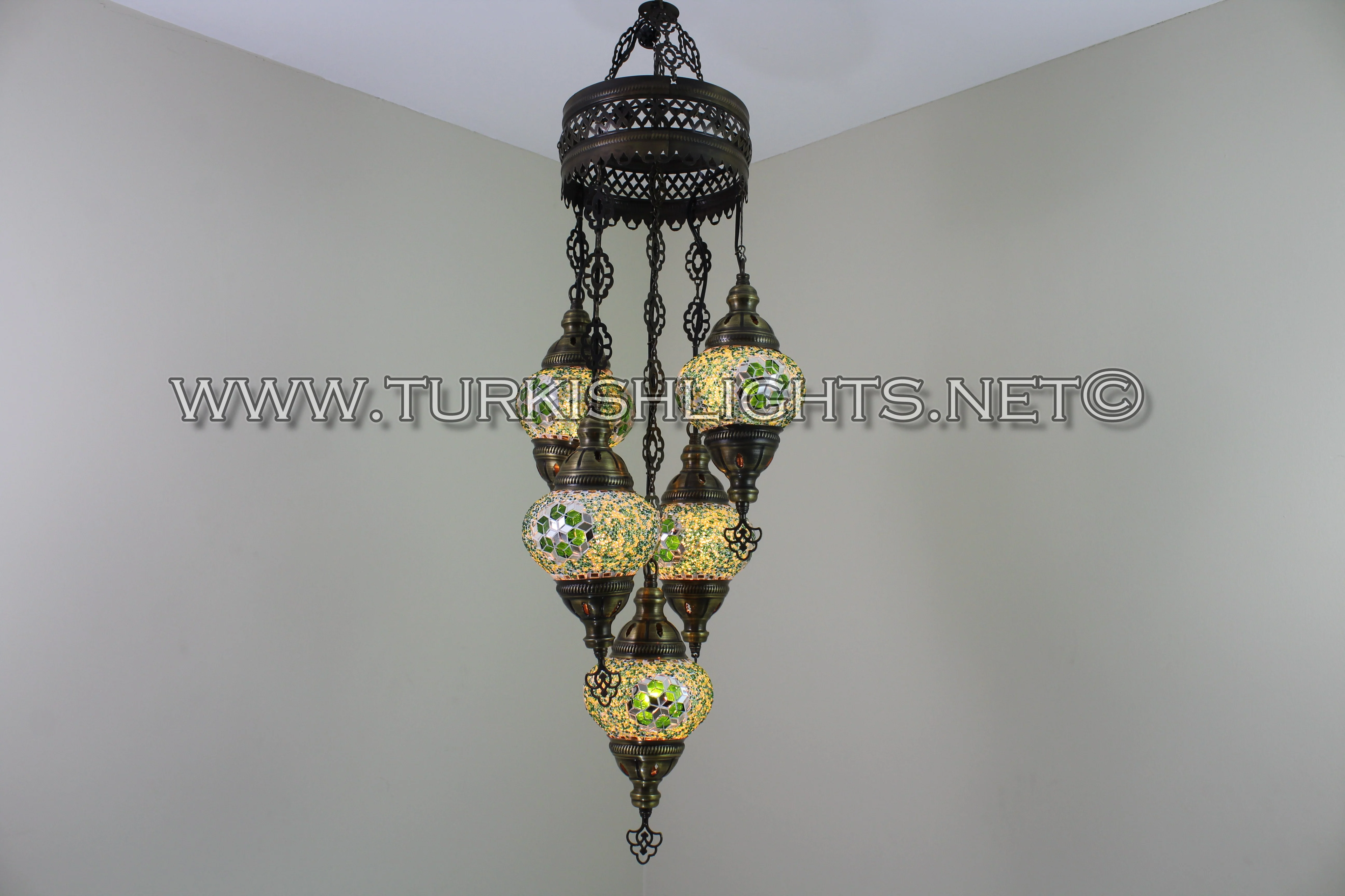 5 Ball Turkish Mosaic Chandelier - Handmade Sultan Design with Medium Globes, ID: S5M-9 - Image 3