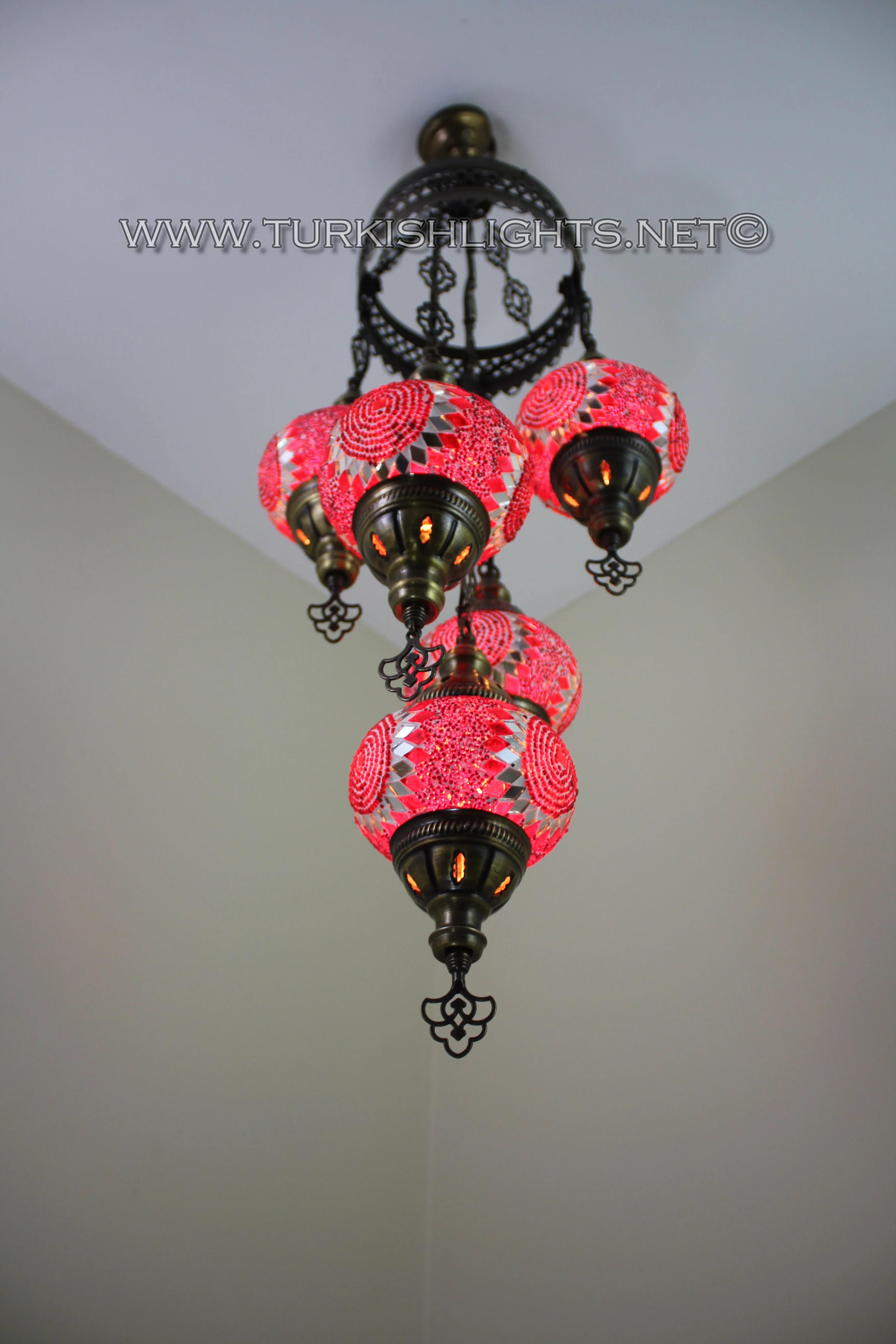 5 Ball Turkish Mosaic Chandelier - Handmade Sultan Design with Medium Globes, ID: S5M-8 - Image 6